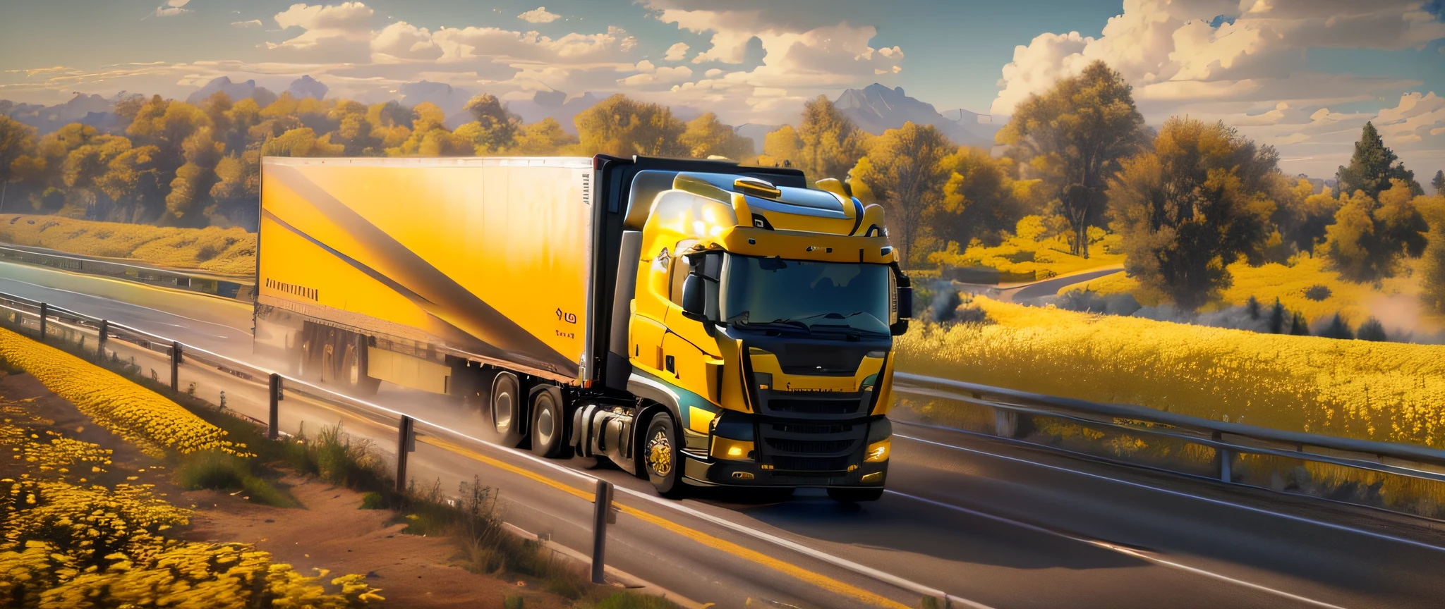 araf truck driving down a highway with a field of yellow flowers, highly realistic”, super realistic”, a hyper realistic, high quality screenshot, semi realistic, hyperdetailed!, truck, semi - realistic render, highly detailed!, hd, black and yellow scheme, ultra realistic ”, 12k, ultra realistic”, 1 2 k, semi - realistic, semi-realistic