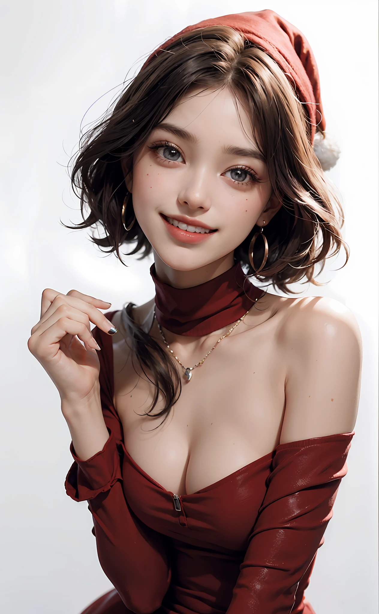 Red knitwear, turtleneck, red costume of Santa Claus, (open all buttons: 1.1), Santa Claus hat, smile, smile, big, big breasts, deep cleavage, chest hugging, top quality, masterpiece, illustration, very delicate and beautiful, very detailed, CG, 8K wallpaper, amazing, fine details, highly detailed CG, Unity, 8K wallpaper, Huge file size, very detailed, high resolution, well-groomed detail woman, very detailed big eyes and face, amazing detailed eyes, face light, (Best Illustration: 1.1), Ultra High Resolution, (Photoreal: 1.1), (Photoreal: 1.2:1.1), Realistic Face Proportions, Slender, Smile, (Makeup: 0.4), (Fluffy Pale Colored Eyes: 1.21), Light Colored Eyes, Round eyes, gaze to look at the beholder, dark brown hair, earrings, necklace, hairpin, (irregular irregular skin imperfections, veins, skin pores: 1.2), white background, (bokeh: 1.4), straight hair, very short hair, short bob hair, little bangs, gloss on skin, gloss on face, gloss on lips, gloss on chest, gloss on skin, smile, smiling, teeth, beautiful alignment, Long neck, big eyes, clear eyes, clear double eyelids, put out both ears, tremendously cute, overwhelming beauty, highlight in the eyes, chest closer, face forward, body facing the viewer, put your hand on the cheek, perfect and detailed and beautiful hand, perfect and detailed and beautiful fingers, precise number of arms, precise number of fingers, reach out to the camera