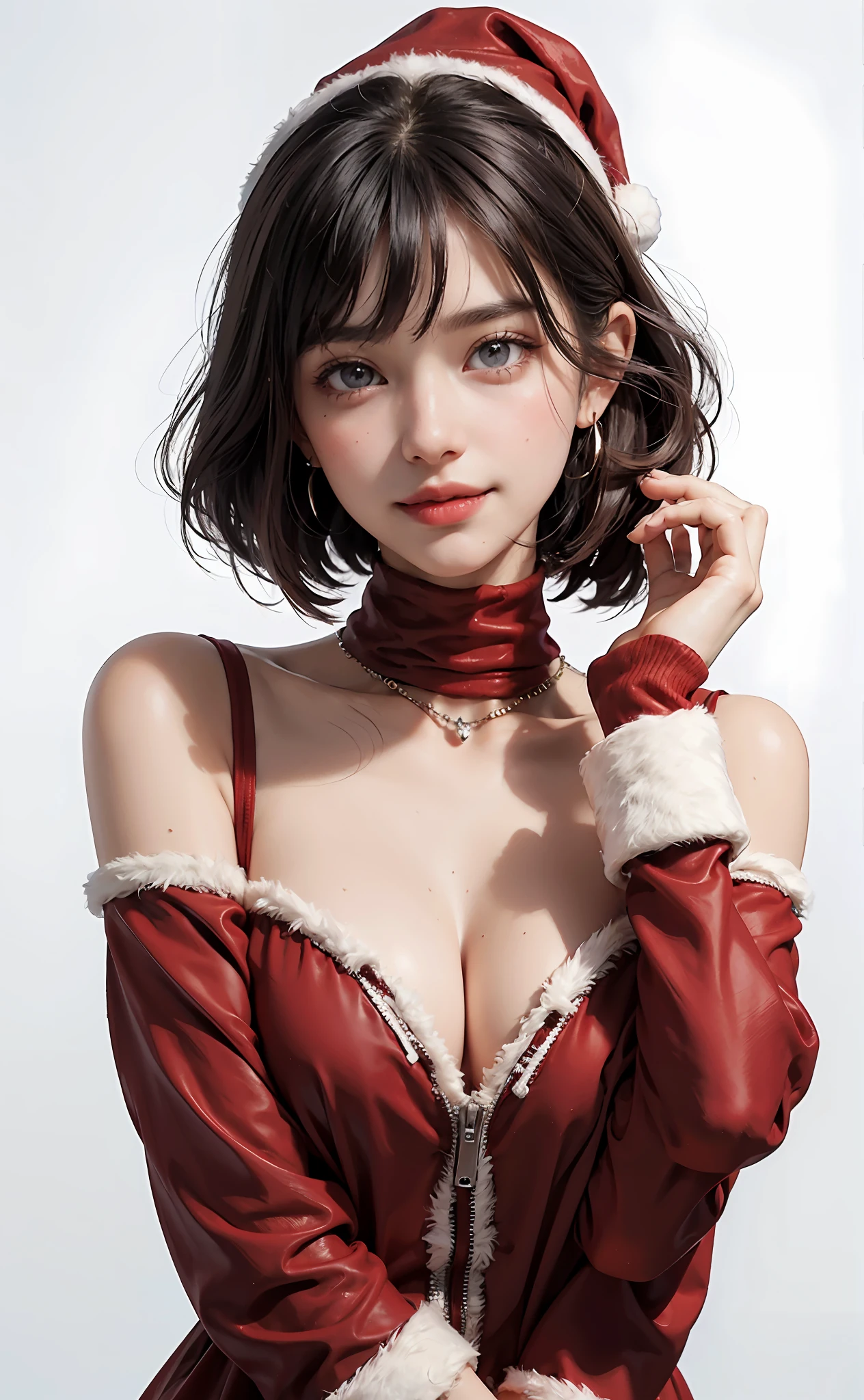 Red knitwear, turtleneck, red costume of Santa Claus, (open all buttons: 1.1), Santa Claus hat, smile, smile, big, big breasts, deep cleavage, chest hugging, top quality, masterpiece, illustration, very delicate and beautiful, very detailed, CG, 8K wallpaper, amazing, fine details, highly detailed CG, Unity, 8K wallpaper, Huge file size, very detailed, high resolution, well-groomed detail woman, very detailed big eyes and face, amazing detailed eyes, face light, (Best Illustration: 1.1), Ultra High Resolution, (Photoreal: 1.1), (Photoreal: 1.2:1.1), Realistic Face Proportions, Slender, Smile, (Makeup: 0.4), (Fluffy Pale Colored Eyes: 1.21), Light Colored Eyes, Round eyes, gaze to look at the beholder, dark brown hair, earrings, necklace, hairpin, (irregular irregular skin imperfections, veins, skin pores: 1.2), white background, (bokeh: 1.4), straight hair, very short hair, short bob hair, little bangs, gloss on skin, gloss on face, gloss on lips, gloss on chest, gloss on skin, smile, smiling, teeth, beautiful alignment, Long neck, big eyes, clear eyes, clear double eyelids, put out both ears, tremendously cute, overwhelming beauty, highlight in the eyes, chest closer, face forward, body facing the viewer, put your hand on the cheek, perfect and detailed and beautiful hand, perfect and detailed and beautiful fingers, precise number of arms, precise number of fingers, reach out to the camera