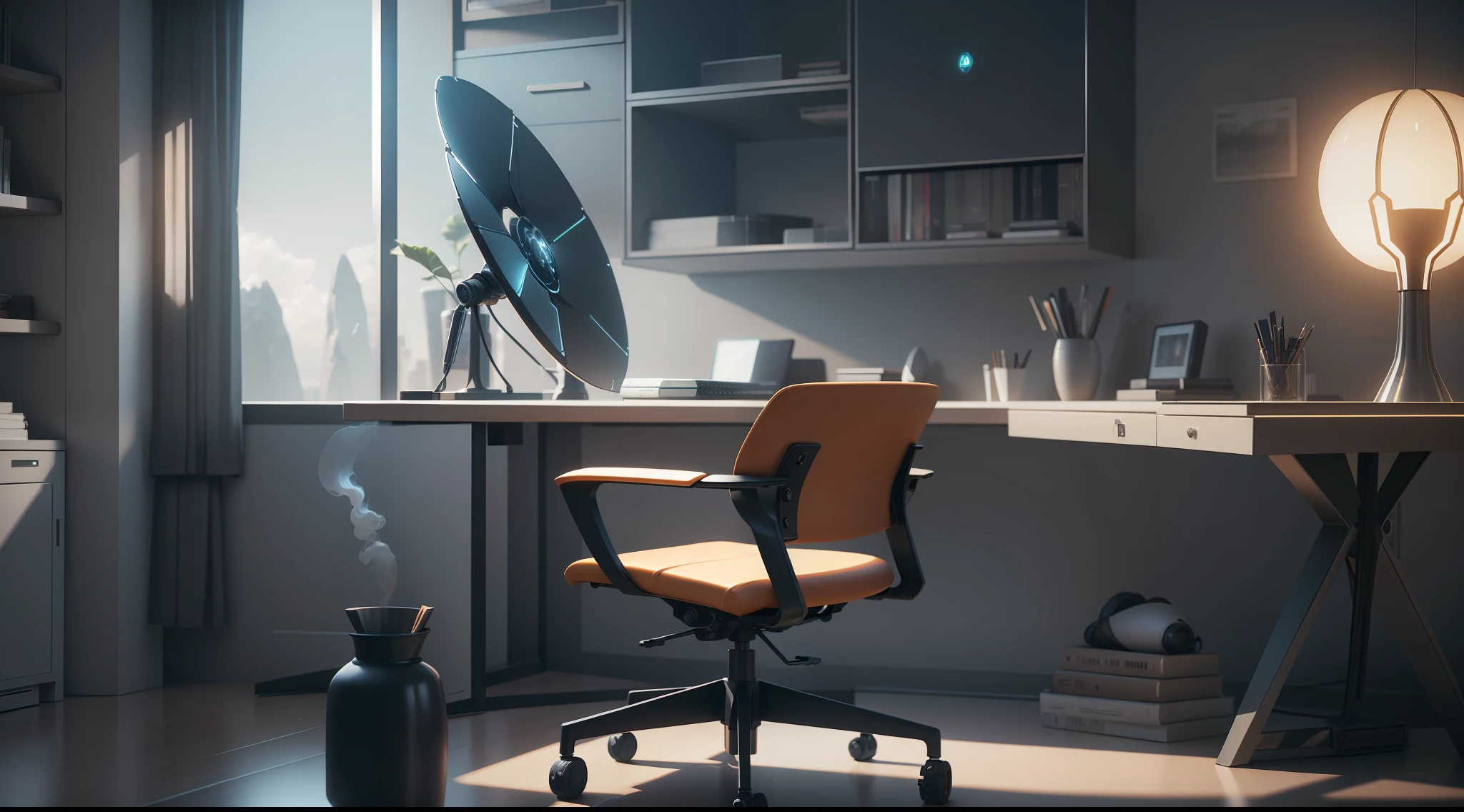 there is a computer desk with a chair and a vase in the corner, cgsociety 9, jessica rossier color scheme, retro futuristic apartment, futuristic. game cg, rendered in lumion pro, sci - fi interior, octane render : :, rendered in lumion, matte painting of steam machines, from a 2 0 1 9 sci fi 8 k movie