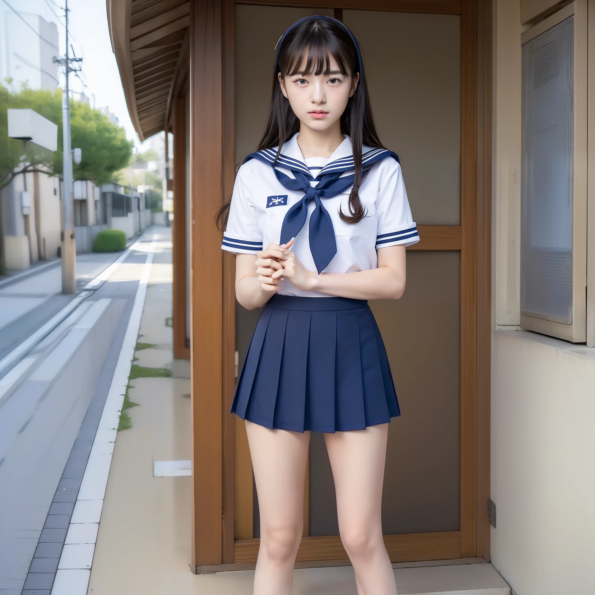 (Photorealistic:1.4),(Masterpiece:1.3),(Best Quality:1.4),(Full Body), Beautiful Legs,15 Years Old,Single,High School Student、Sailor Suit、Navy Blue Skirt、Long Hair、Beautiful Japan,White Socks、Loafers