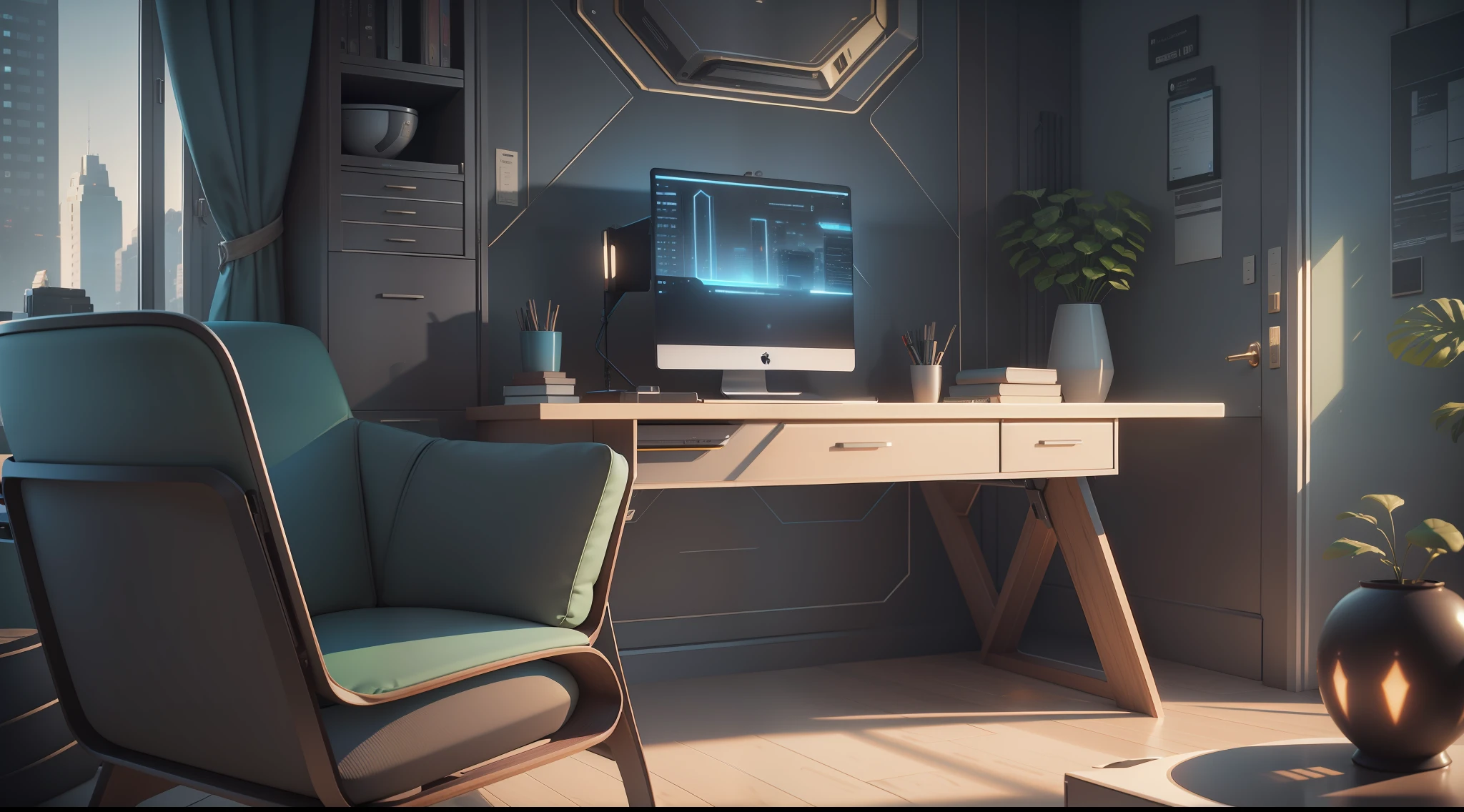 there is a computer desk with a chair and a vase in the corner, cgsociety 9, jessica rossier color scheme, retro futuristic apartment, futuristic. game cg, rendered in lumion pro, sci - fi interior, octane render : :, rendered in lumion, matte painting of steam machines, from a 2 0 1 9 sci fi 8 k movie