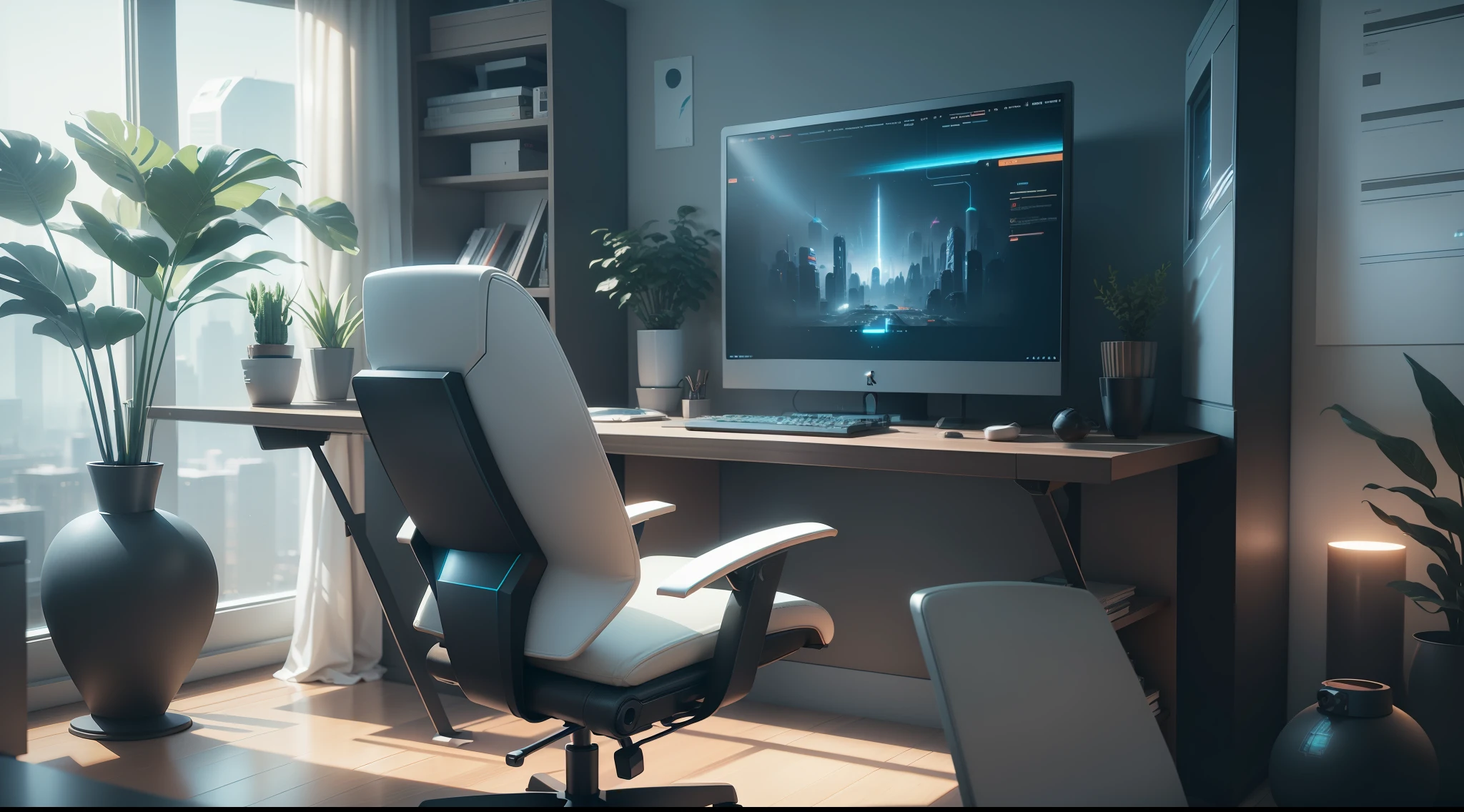 there is a computer desk with a chair and a vase in the corner, cgsociety 9, jessica rossier color scheme, retro futuristic apartment, futuristic. game cg, rendered in lumion pro, sci - fi interior, octane render : :, rendered in lumion, matte painting of steam machines, from a 2 0 1 9 sci fi 8 k movie