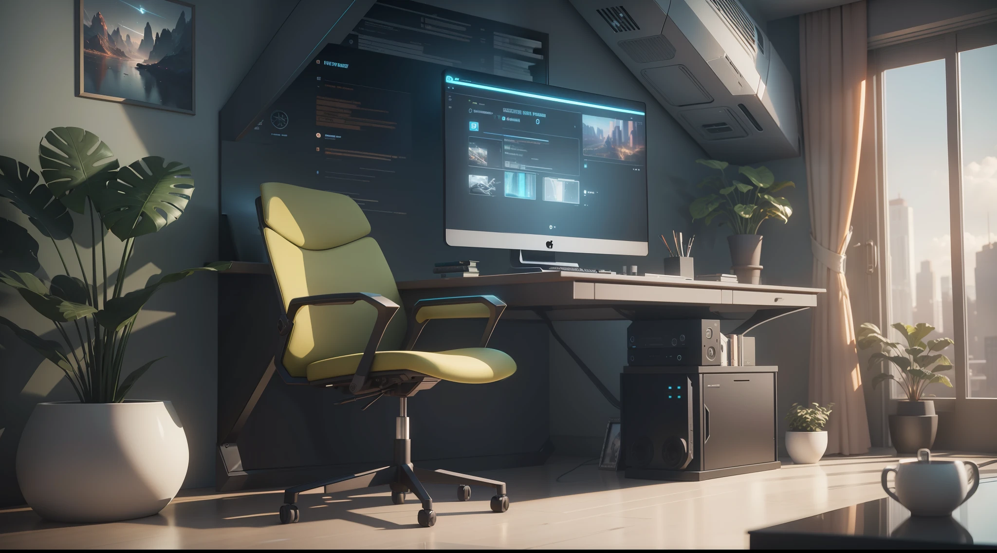 there is a computer desk with a chair and a vase in the corner, cgsociety 9, jessica rossier color scheme, retro futuristic apartment, futuristic. game cg, rendered in lumion pro, sci - fi interior, octane render : :, rendered in lumion, matte painting of steam machines, from a 2 0 1 9 sci fi 8 k movie