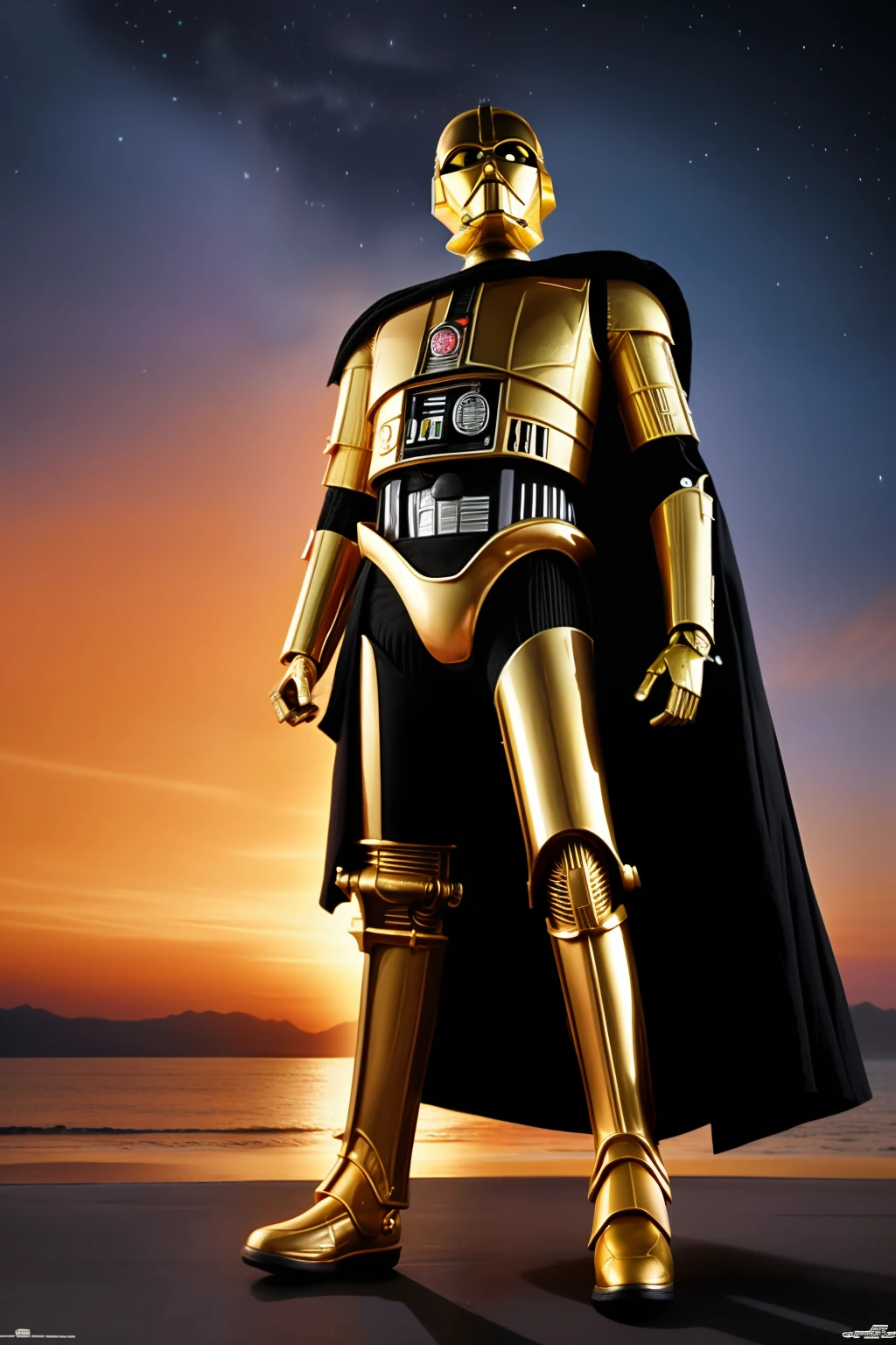 C3-PO from Star Wars with the body adarth Vader. Realistic image, detaljada, ultra realism, detailed star wars scenery