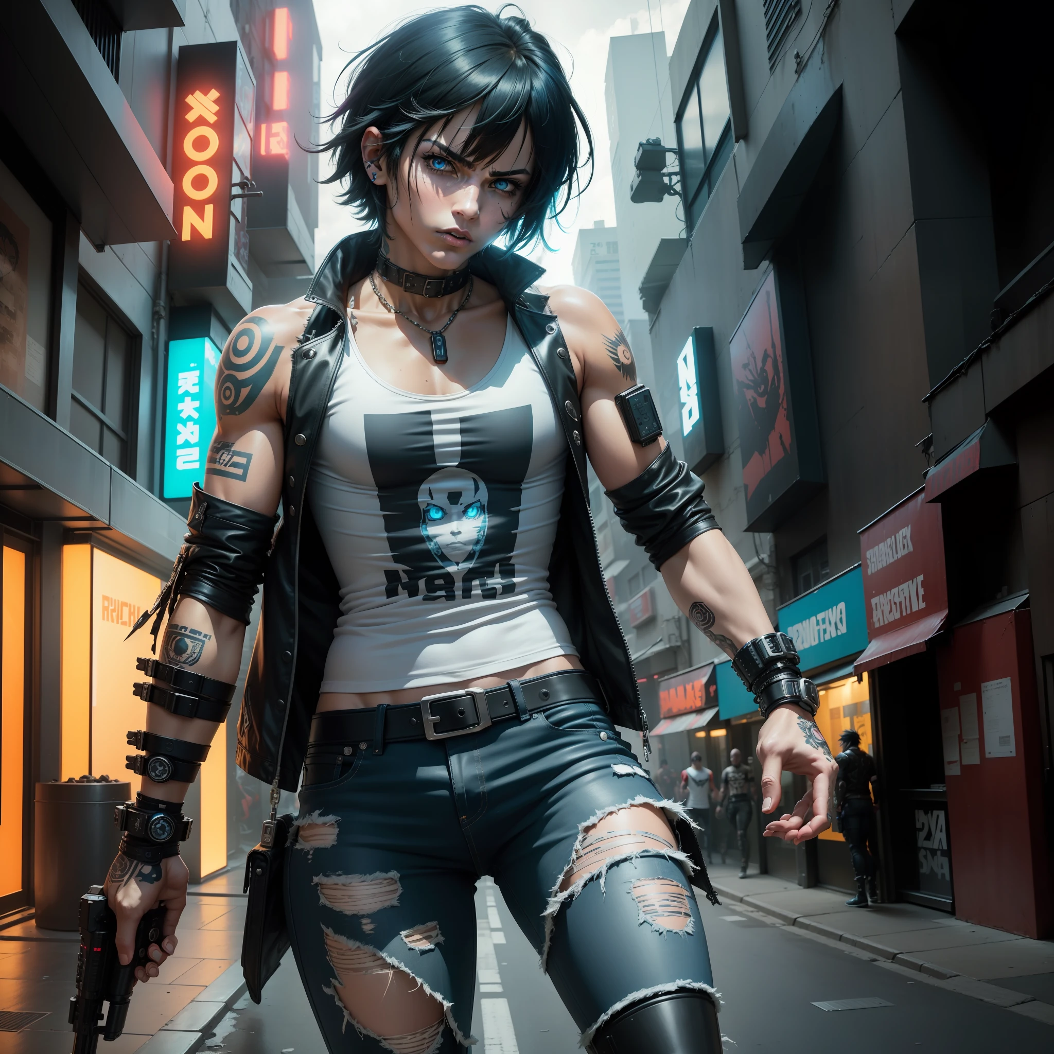 Three-paragraph expression: First paragraph: anime style, main color, scene or background setting The second paragraph: character information and characteristics, posture and action expression, clothing, etc. Third paragraph: image details and description, other embedding tags "anime style, One Punch Man style, anime dash, drawing, nothing realistic, only anime, blue color, (dystopian Brazilian city, cyberpunk, apocalyptic at night and illuminated), (best quality), solo, man, young, white, Brazilian (descendant of Portuguese, indigenous and Italian), (black hair, long and straight with bangs thrown to the side and tips painted blue color), small eyes of neon blue color as of a robot, round indigenous nose, mouth of indigenous character, Male full body, rocker and punk emo clothes (sleeveless leather jacket, white long tank top with band print, ripped dark jeans, black boots with blue designs), robotic leg prosthetics, indigenous tattoos, various tattoos on the arms, robot parts on the face, serious and angry fixed gaze, bracelets and bracelets on the arm, ultra technological smartwatch on the wrist"