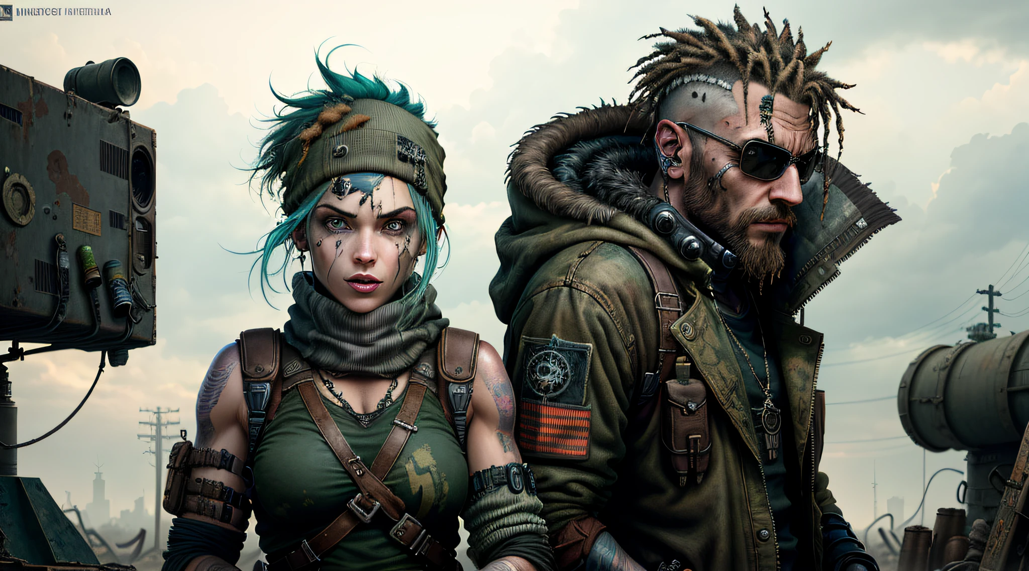 arafed image of a man and a woman standing next to each other, postapocalyptic vibes, postapocalyptic style, postapocalyptic grunge, shadowrun splash art, post - apocalyptic vibe, diesel punk female, post - apocalyptic style, shadowrun character art, postapocalyptic, wojtek fus, post - apocalyptic warriors