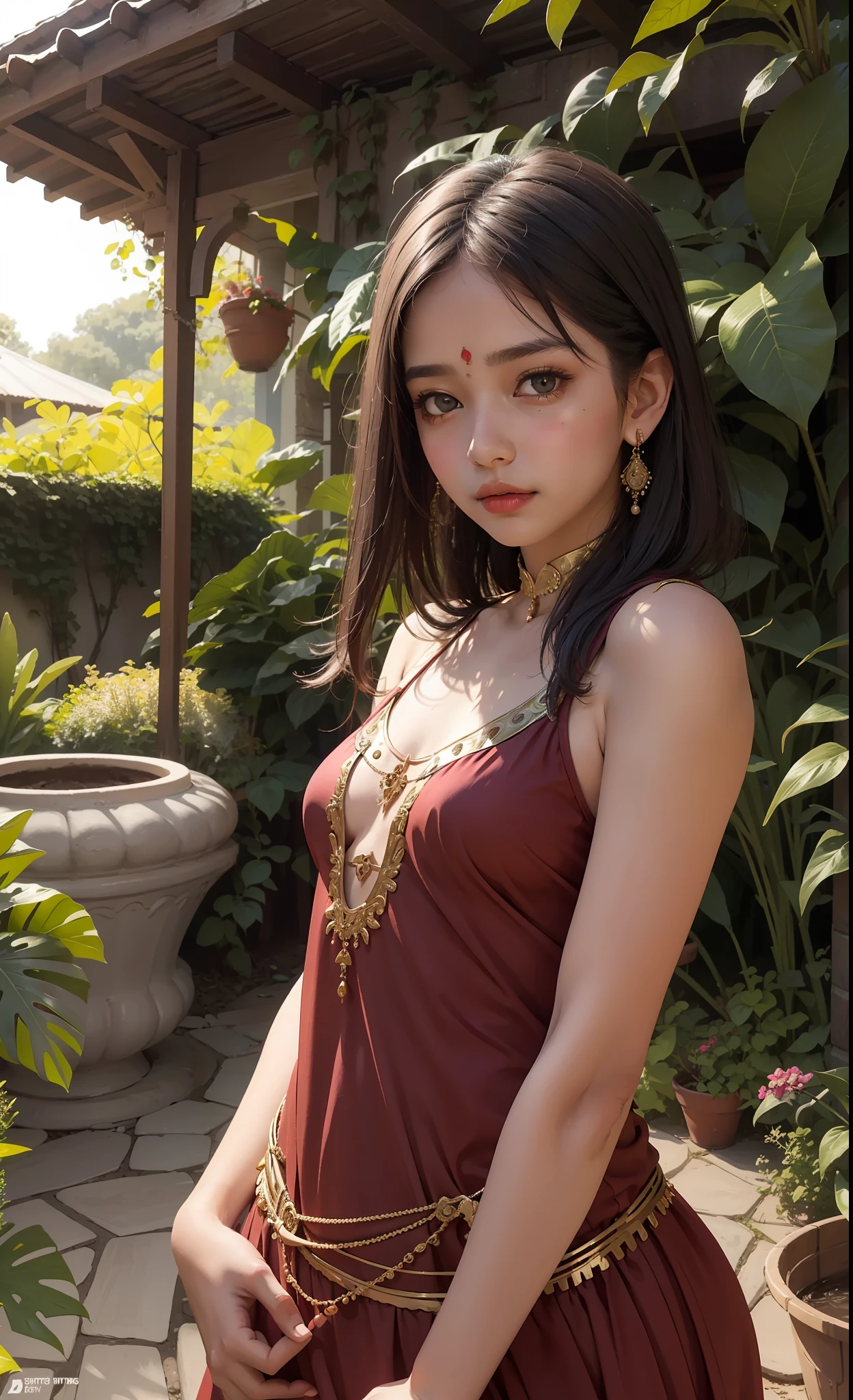 concept art, small chest, hips, look at viewer, leaning on front, shy blush face, sexual expression, 1 Indian girl, wearing Indian dress,unconcerned, NSFW, quality, in the garden, contrast, dark, little chubby,