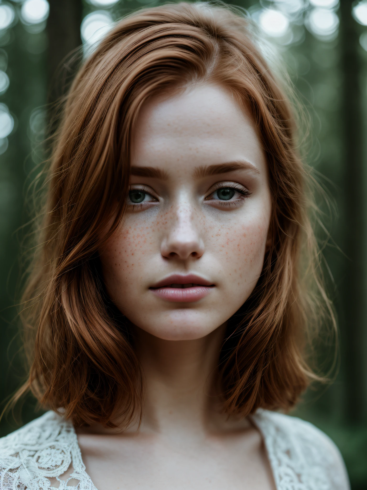 closeup of a european woman, ginger hair, freckles, rounded face, winter forest, natural skin texture, 24mm, 4k textures, soft cinematic light, RAW photo, photorealism, photorealistic, intricate, elegant, highly detailed, sharp focus, (((((cinematic look)))), soft tones, insane details, intricate details, hyperdetailed, low contrast, soft cinematic light, dark colors, exposure mix, hdr, faded