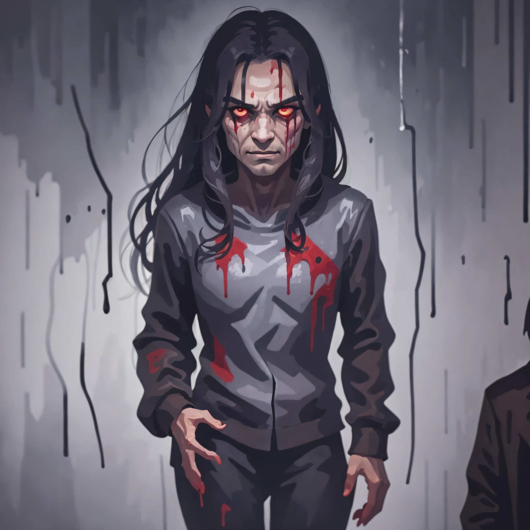 A creepy creature lurks in the shadow while a scared woman tries to run in the rain. He is covered in blood and has a lunatic look in his eyes as he is about to strike