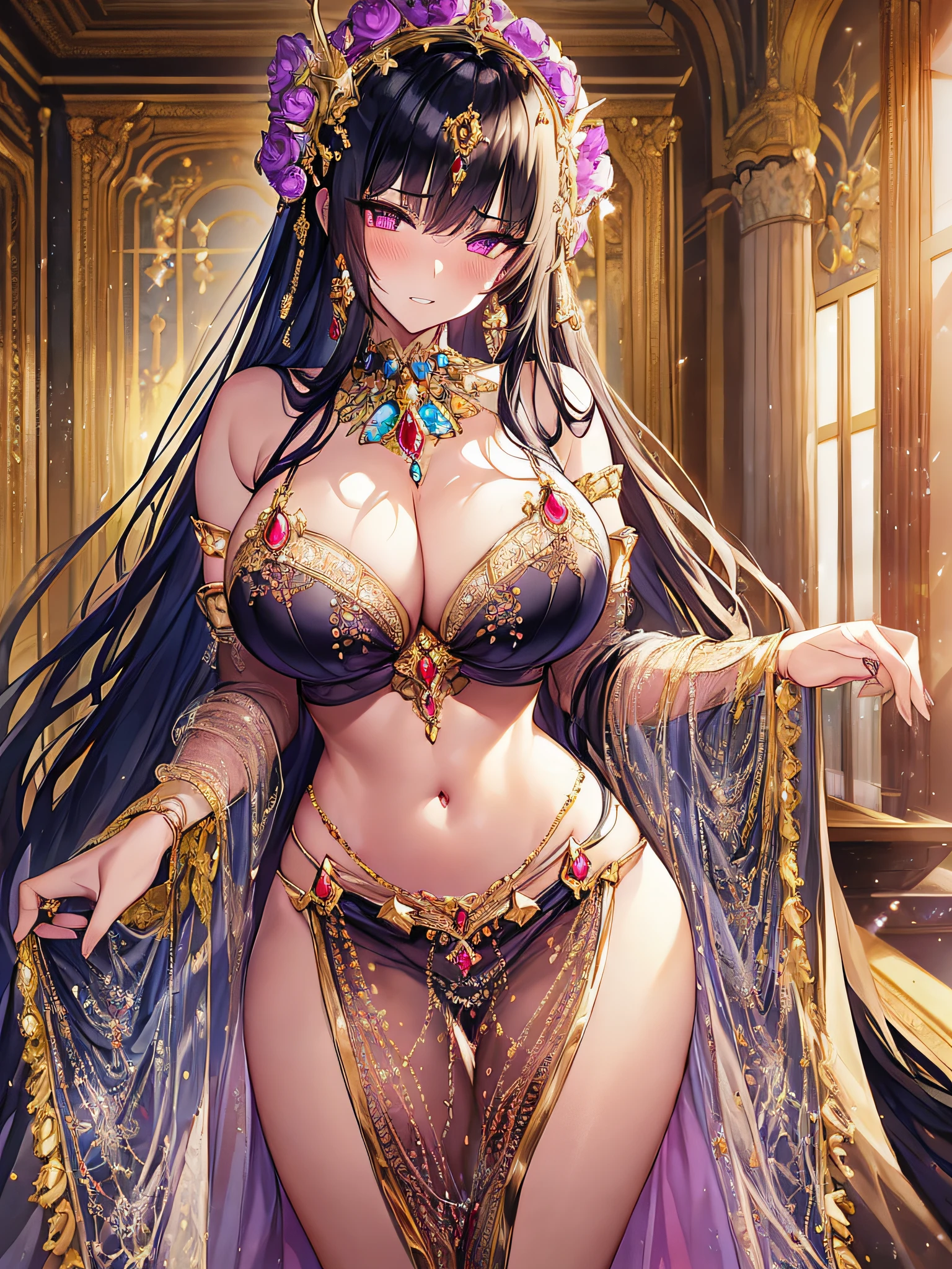 ((vulgarity)),((anime moe artstyle)),((Masterpiece)), (Best Quality), (Super Detail), Illustration, (((Very Delicate and Beautiful))),Dynamic Angle,Looking at viewer,((((Solo)))),(((Full body))),(((1 arrogant empress standing in the royal bedroom))),(((nude))),((((gigantic breasts)))),cleavage,(((skindentation))),((((jeweled loose bra with gorgeous embroidery)))),erect nipple,(((jeweled gorgeous embroidery See-through panties))),((gold trim)),(arrogant),((clenched teeth)),(((blush))),(Purple eyes),Sharp eyes,Detailed Face, Long Eyelashes,Jet Black Hair,Straight Hair,((Very Long Hair)),Bangs between eyes,((curvy)),See-through,((navel piacing)), (((waist jeweled brooch))),jeweled thigh strap, jeweled arm ring, anklet, jeweled armlet,long gloves,Beautifully Gorgeous jeweled big tiara,Beautifully Gorgeous gem earrings,Beautifully Gorgeous jeweled necklace,Beautifully Gorgeous jeweled ornaments,indoor,light particles,royal bedroom,