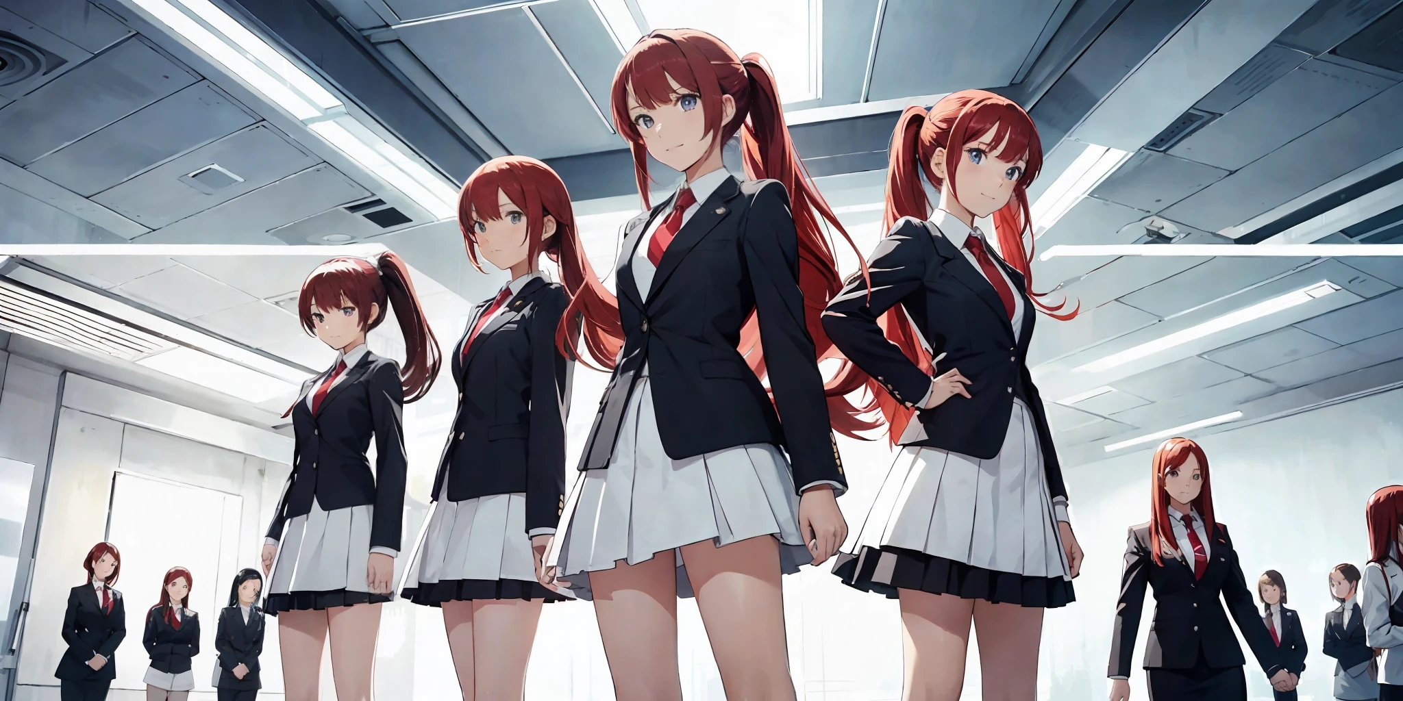 perfect anime illustration, multiple girls, thousands of girls, millions of girls, clones, identical sisters, red hair, ponytail, matching hairstyle, hazel eyes, smiling, white skin, matching outfits, black blazers, white skirts, neckties, businesswomen, high heels, office, highres, full body, bare legs, neat rows of sisters, neat columns of sisters, sisters standing in formation, sisters in background