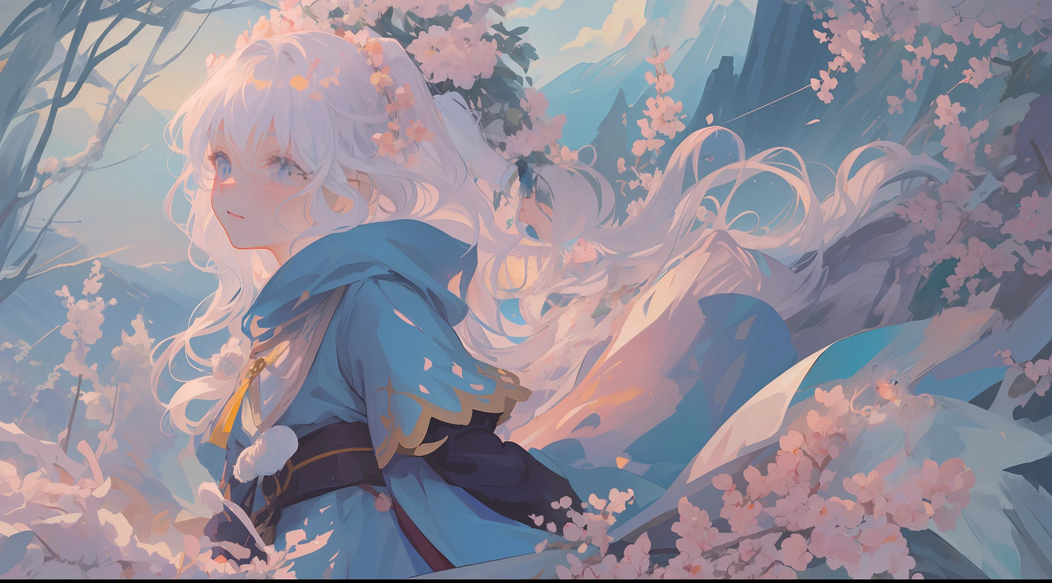 (1girl:1.2), slight blush, hands down, wavy hair, long hair, fluffy hair, white hair, ice blue eyes, sakura tree, hair flower, capelet, lace trim, bodice, wind, winter, mountain range, mountain sitting near mountain, detailed water, sparkling eyes, light smile, peaceful, extremely detailed, depth of field, cinematic lighting, Ghibli-like colours, high detail, scenery, high place, horizon, wind, wind blow, looking at viewer,  lolita clothes, 8k, bokeh, from side, award winning, (masterpiece:1.2), best quality, anatomically correct, perfect hands