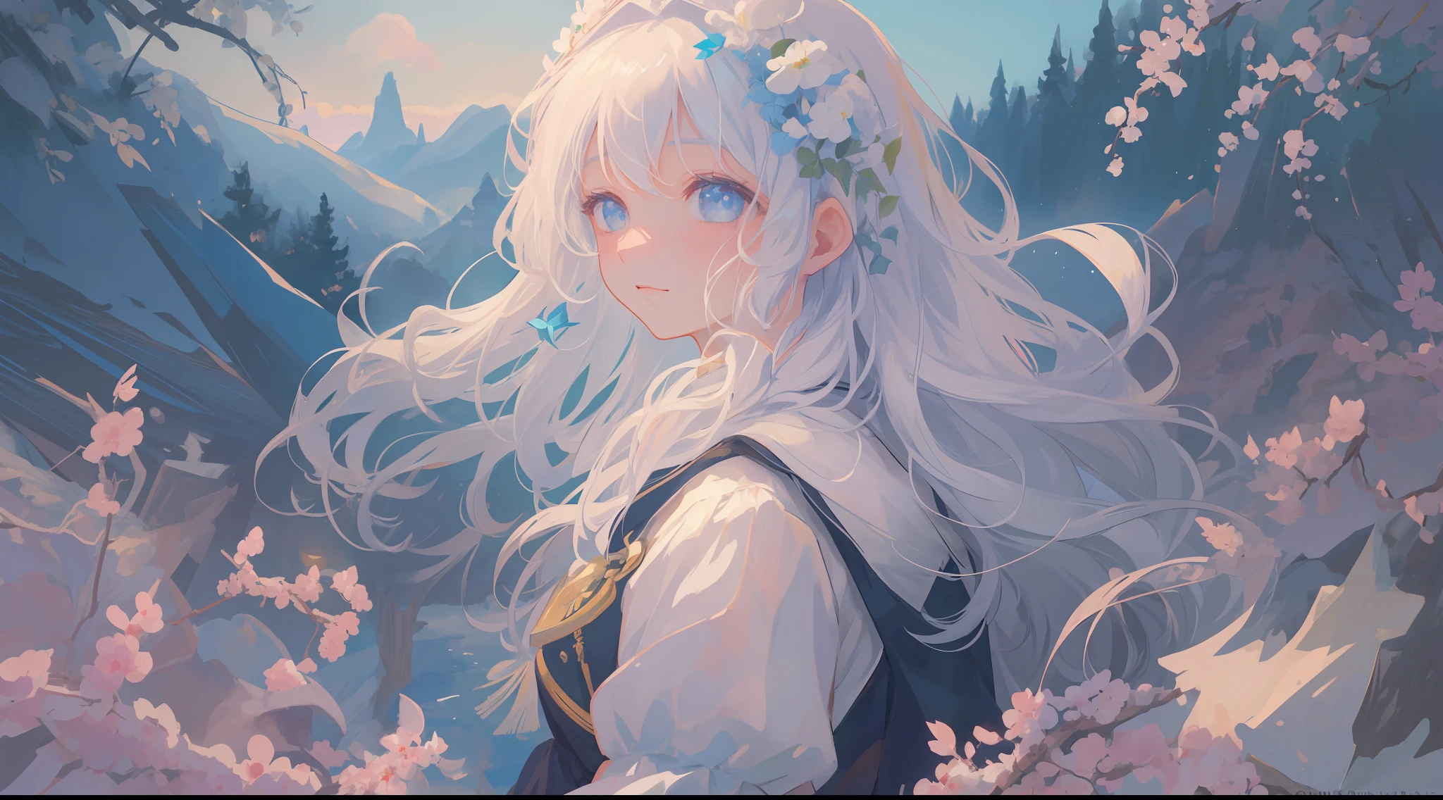 (1girl:1.2), slight blush, hands down, wavy hair, long hair, fluffy hair, white hair, ice blue eyes, sakura tree, hair flower, capelet, lace trim, bodice, wind, winter, mountain range, mountain sitting near mountain, detailed water, sparkling eyes, light smile, peaceful, extremely detailed, depth of field, cinematic lighting, Ghibli-like colours, high detail, scenery, high place, horizon, wind, wind blow, looking at viewer, lolita clothes, 8k, bokeh, from side, award winning, (masterpiece:1.2), best quality, anatomically correct, perfect hands