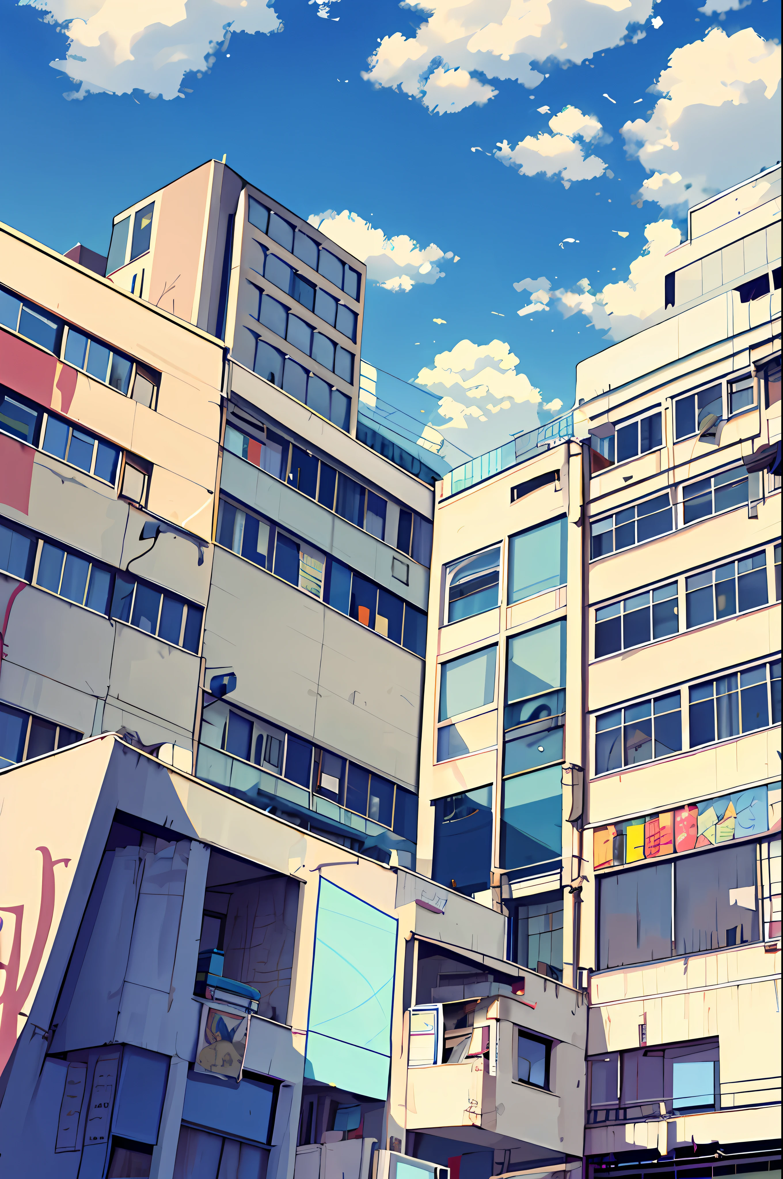 urban area , modern building , sunglasses, juice box, vast blue sky, clouds,