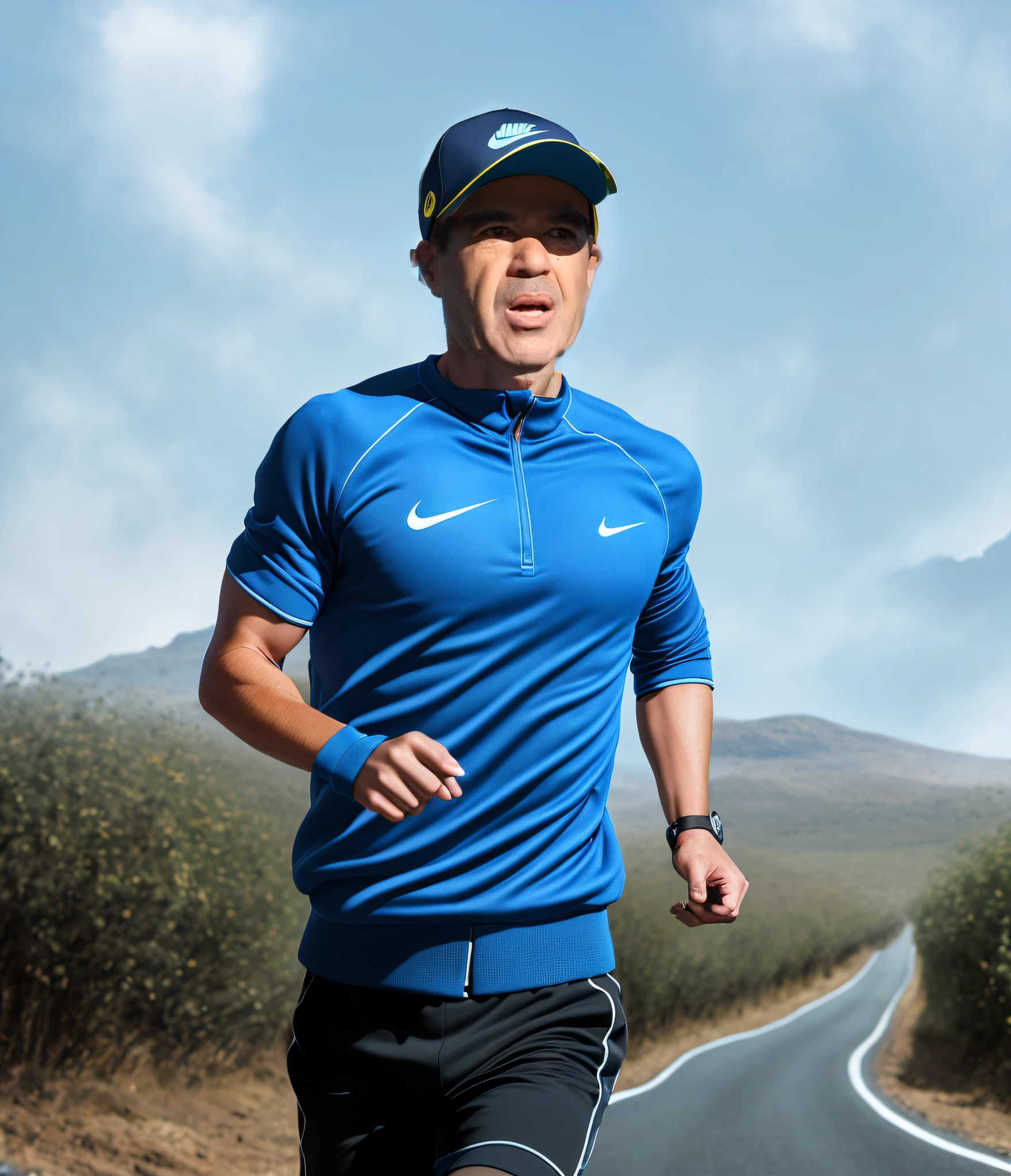USE REALISTIC PHOTOGRAPHY, FULL BODY ATHLETE RUNNER WITH NIKE BRAND WINTER SWEATER, COLD WEATHER JACKET WITH LONG SLEEVES,running on dirt road with bushes on the sides, dust rising, winter afternoon, physical exercise weather, blue sky, clouds, flowers, TOTAL REALISTIC IMAGE OF HUMAN, Trending on Artstation, magnificent art,  masterpiece, warm and soft lighting, best quality, bifocal fisheye lens 85m --auto --s2
