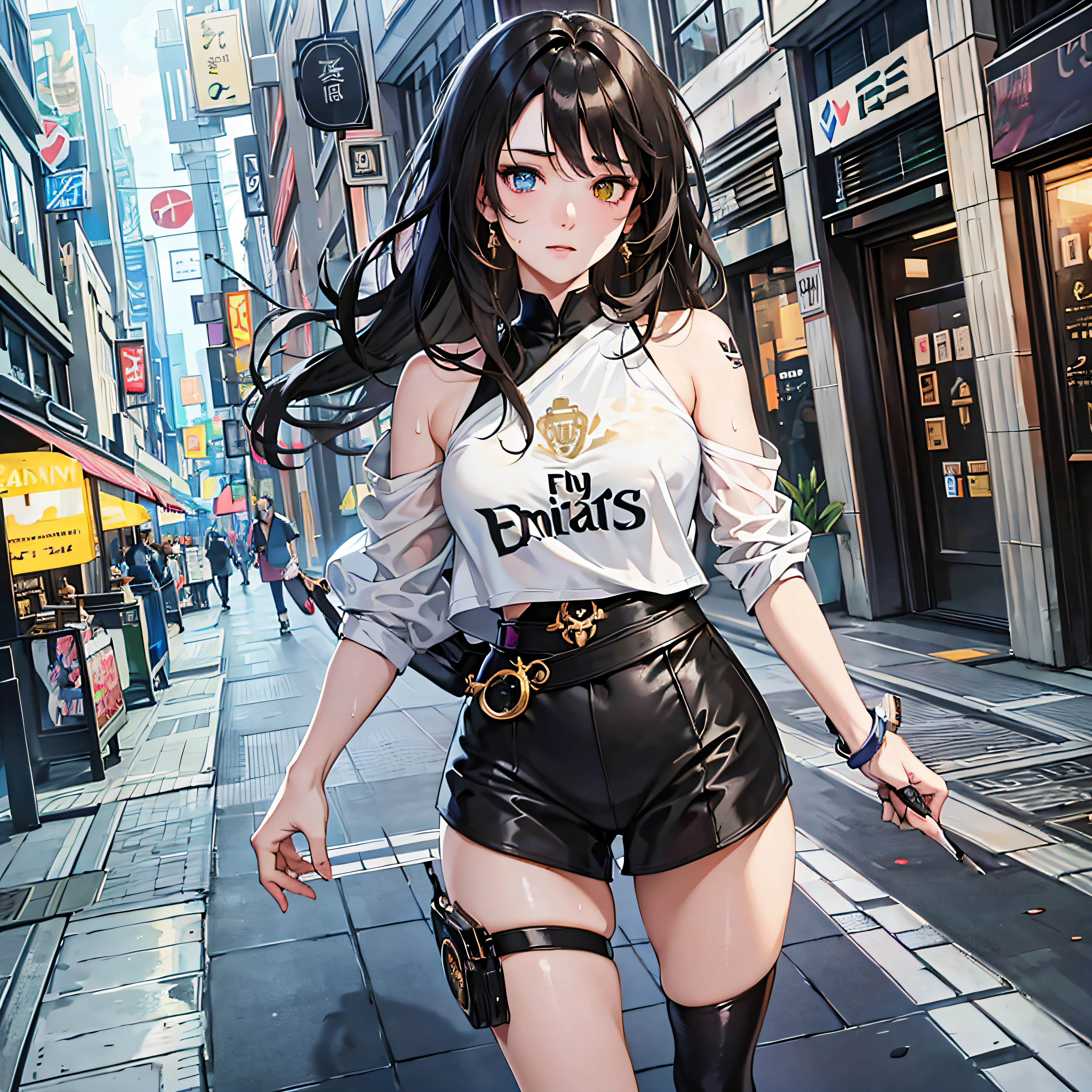 Mona Genshin Impact, Anime girl, shoulder length messy black hair, heterochromia brown and grey, Real Madrid jersey , happy, shopping, Full body Beautiful anime style girl, sweat leggs, clean detailed faces, intracate clothing, analogous colors, glowing shadows, beautiful gradient, depth of field, clean image, high quality, high detail, high definition, Luminous Studio graphics engine, cute face, slim waist, nice hips, tattoo in the left arm, --auto --s2