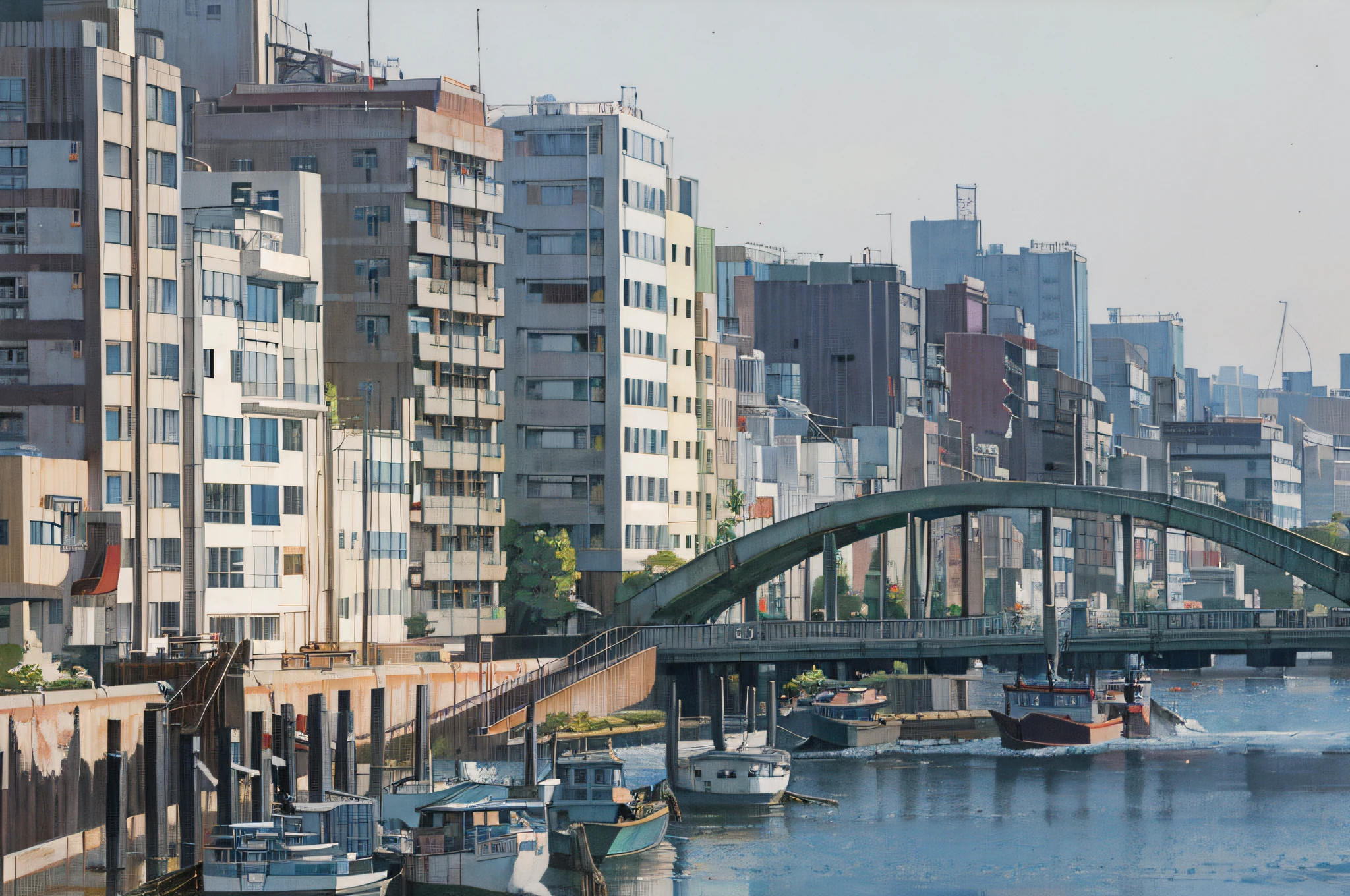 boats are docked on the water in front of a bridge, japanese city, tokyo - esque town, japanese downtown, tokyo prefecture, building along a river, tokio, japanese town, beautiful iwakura, surrounding the city, chiba prefecture, residential area, toyko, arasaka, all buildings on bridge, nagasaki, kanagawa prefecture