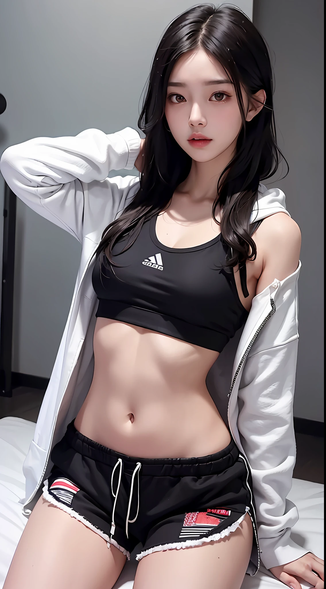 Photorealistic, High Definition, 1girl, Black Wavy Hair, Korean, Sharp Nose, Loose White Hoodie, Ripped Gray Gym Shorts, Medium Breasted, Small Waist,Navel, Big Thighs, On Bed