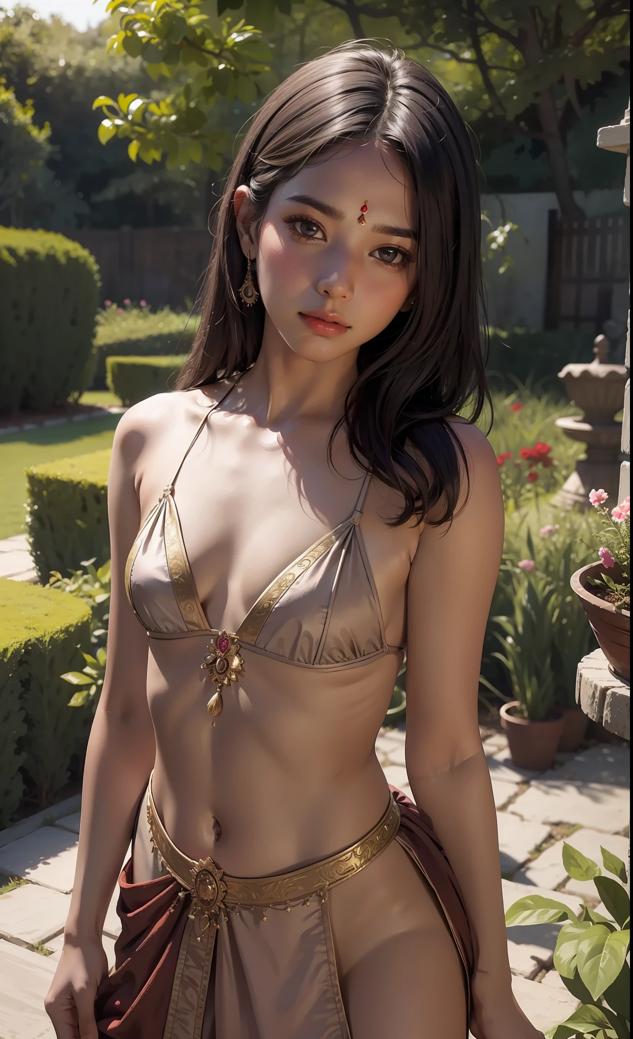 concept art, small chest, look at viewer, leaning on front, shy blush face, sexual expression, 1 Indian girl, wearing Indian dress,unconcerned, NSFW, quality, in the garden, contrast, dark, little chubby,