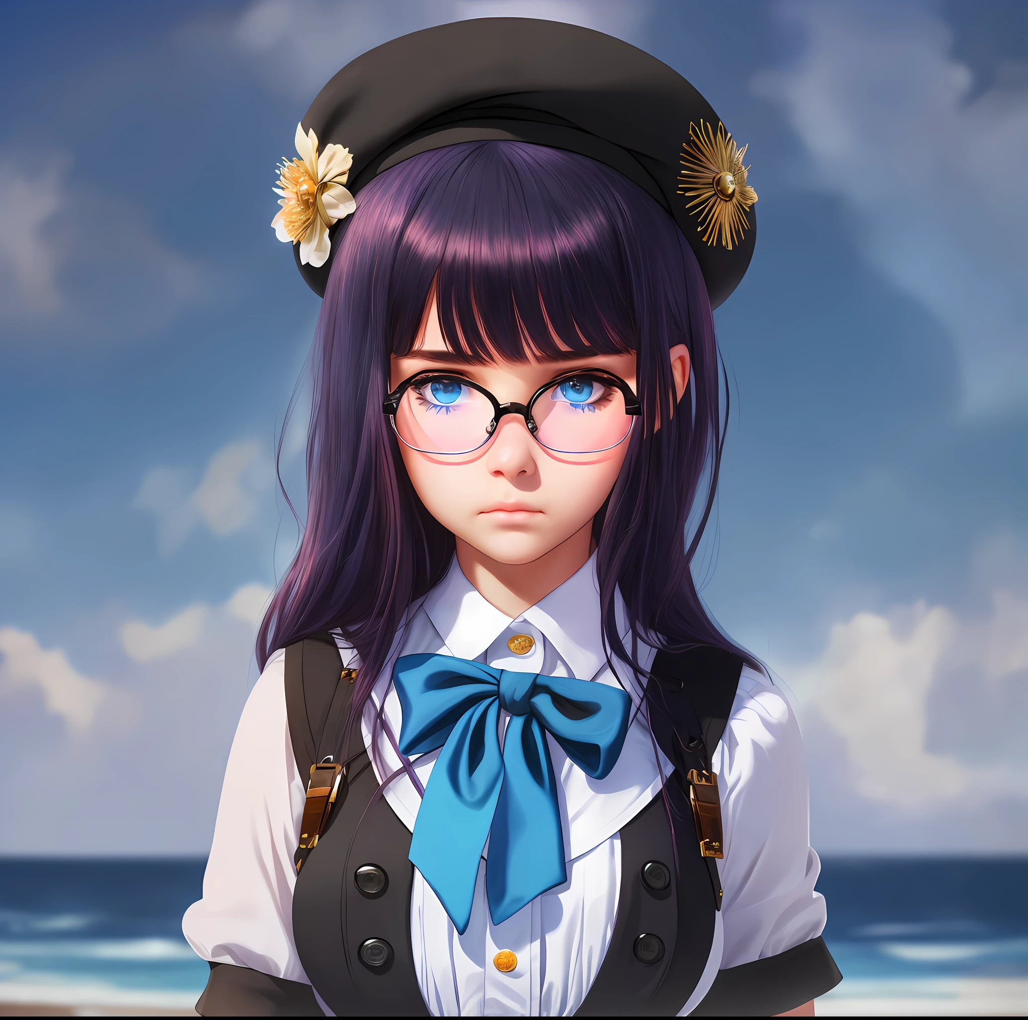 ((shy girl)),  girl, 1girl, blue eyes, sexy eyes, (((shy eyes))),((wearing rounded glasses rimless)), ((sad mouth)), (((blush face))), ((shy face)), cute face, straight hair, wispy bangs hair, dark indigo hair, (((big boobs))), big busts, blue bon, black beret, white sailor dress, corset, black gloves, front view, upper body, portrait, front view, realistic, masterpiece, highest quality, lens flare, shade, bloom, render, digital painting,