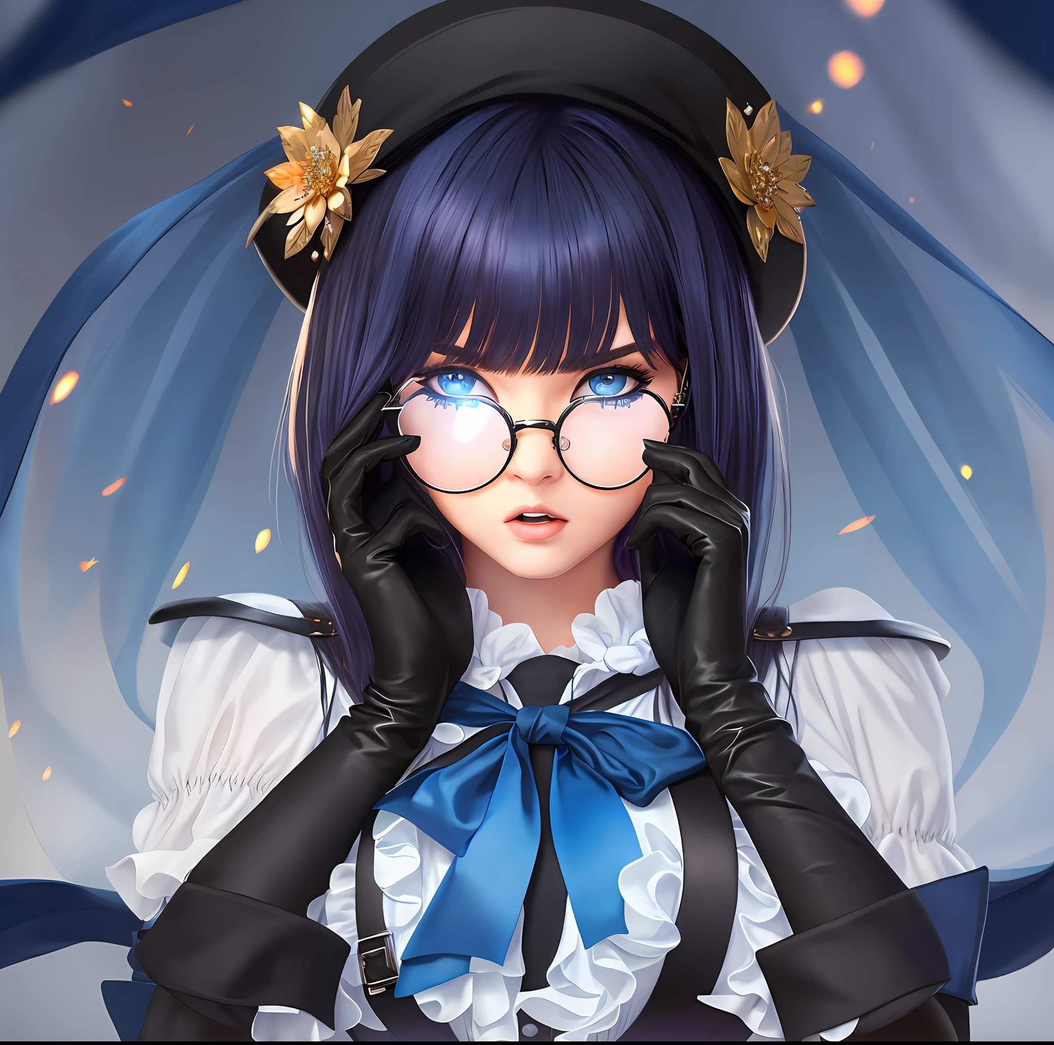 ((girl surprised looking side)), (((looking side))), teen girl, 1girl, blue eyes, sexy eyes, ((wearing rounded glasses rimless)), mouth surprised, ((open mouth)), cute face, straight hair, wispy bangs hair, dark indigo hair, ((hands to side of head)), hands holding glasses, (((big boobs))), big busts, blue bon, black barest, white sailor dress, corset, black gloves, front view, upper body, portrait, front view, realistic, masterpiece, highest quality, lens flare, shade, bloom, render, digital painting,