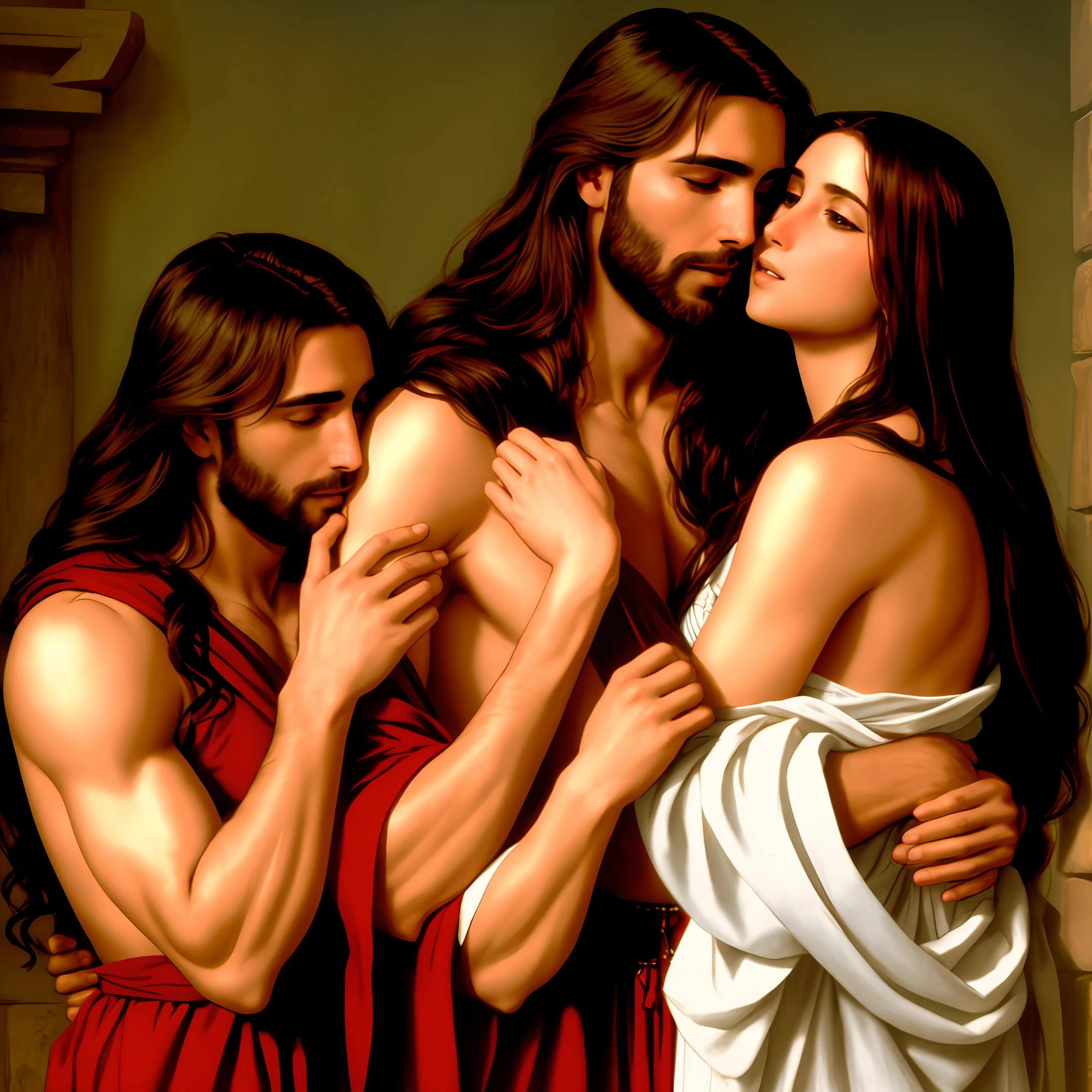 Jesus kissing Mary Magdalene, taking off his clothes, hot, sexy