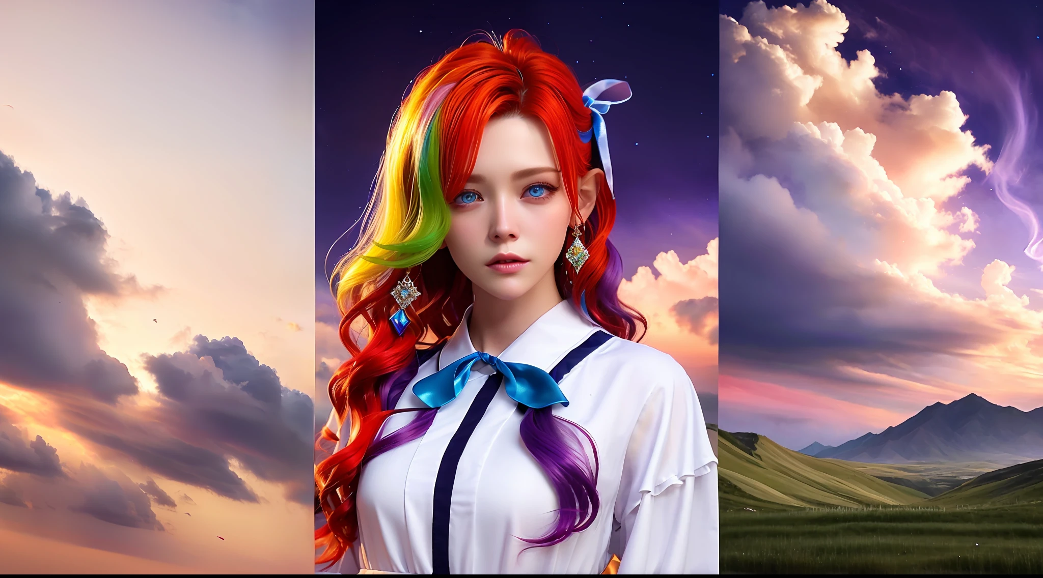 (mastered), top quality, ultra-realistic details, 8k magic CG, perfect illustration, dynamic pose, (1girl), blue eyes, multicolored hair + silver hair:1.3 + red hair:1.2 + purple hair + yellow hair:1.3 + green hair:1.3, wuxia style white clothes, neck ribbon, beautiful face, many drops of water, cloud, twilight, wide plane, watercolor.