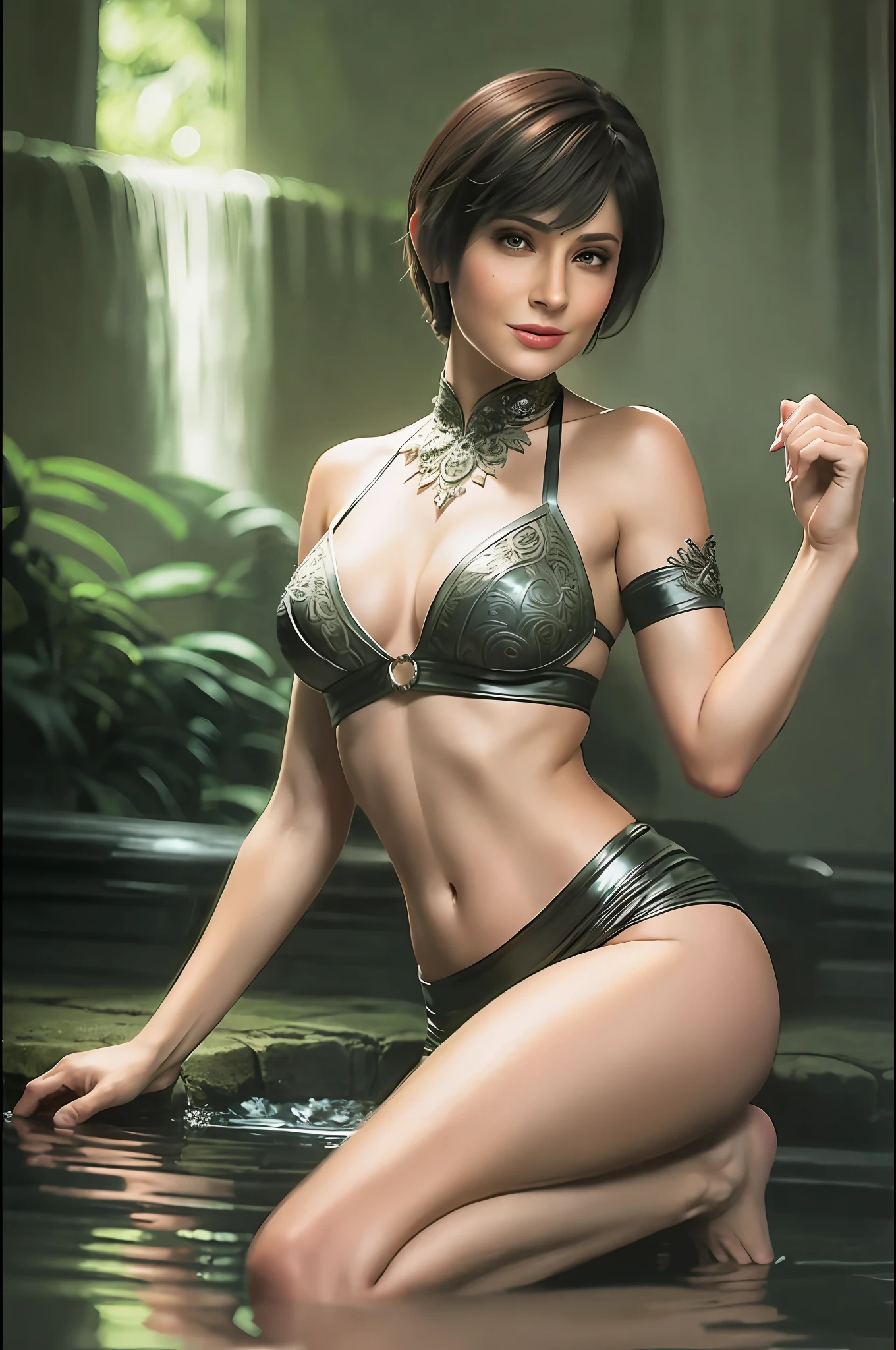 ((realistic: 1.5)),((best quality)), ((masterpiece)),((detailed)), (1girl), {a beautiful woman wearing a Sari}, (upper body:1.3),super wide -angle lens,focus on face,mature,sexy,long legs,curvy,bare feet,large firm breasts,open neckline,droopy breasts,thick thighs,wide hips,thin legs,green eyes,short black hair,flowing hair, long eyelashes, (detailed face, beautiful eyes, detailed pupils, detailed features of clothes, light background: 1.3), (Bindi, Jhumkas: 1.3), (Armlet, Haar, Payal, Maang Tikka, Jhumkas, Kamarband, Bangles: 1.3), mysterious ancient ruin, lush forests, deep gorges,bridge,river,cliff,cloud,lakes,rock,waterfalls, flowers, grass, fog,vine,tree,smoke,best shade,bright details,sharp,perfect composition, Intricate, Sharp focus, dramatic, by Frank Frazetta, by Julie Bell, by Olivia De Berardinis, by Luis Royo, by boris vallejo, (specular lighting: 1.3), rim light, princesses, playing, princesses playing with water, riverbank, shy royal underwear, random real color, lying on the floor, shelled with friend, hand in underwear, thirsty face, erotic face, lips open, almost naked, underwear slid down, attended by servants, bodyguard armed, servant, panting, breathing with difficulty, clenched fist, visible slit, queen and slave