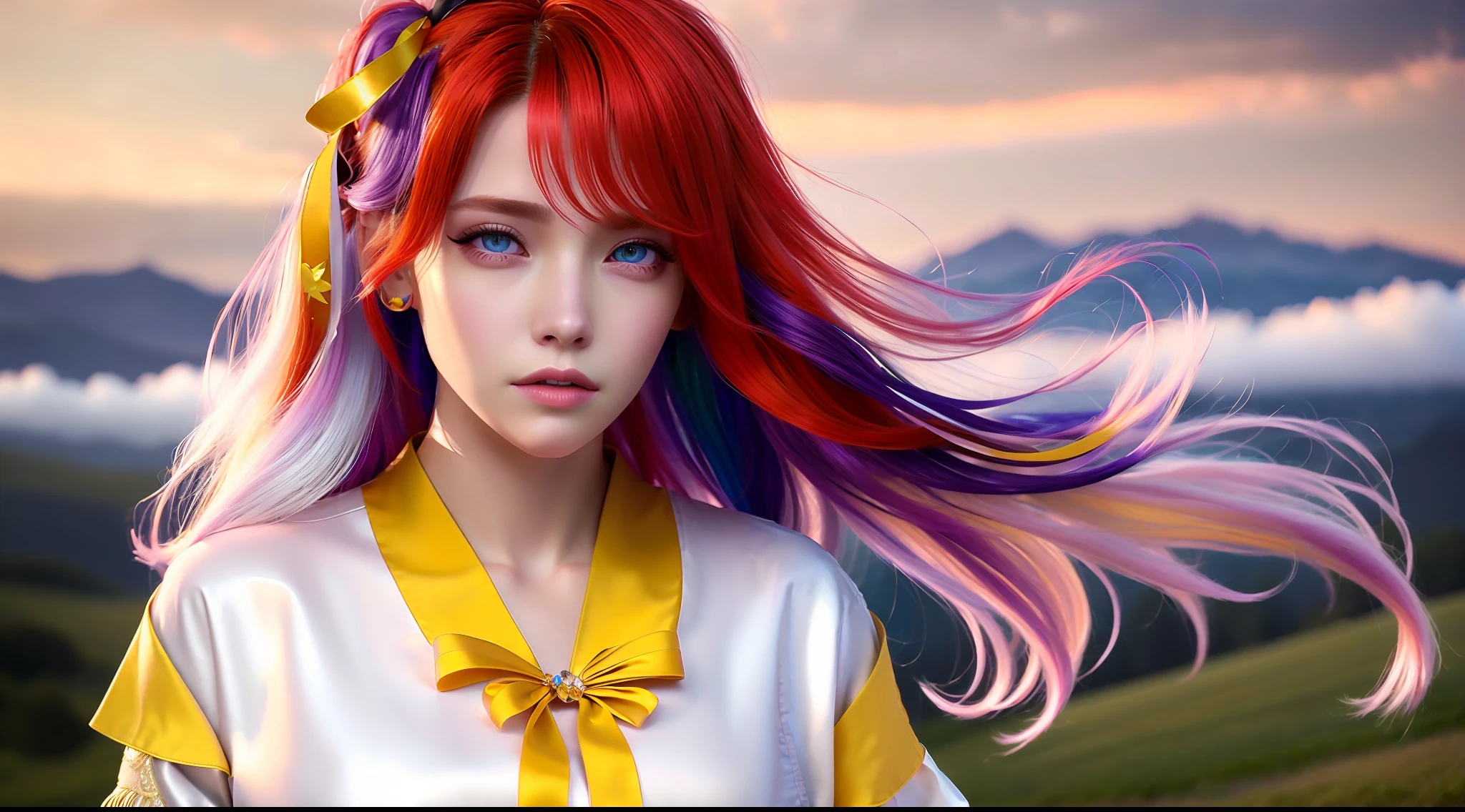 (mastered), top quality, ultra-realistic details, 8k magic CG, perfect illustration, dynamic pose, (1girl), blue eyes, multicolored hair + silver hair:1.3 + red hair:1.2 + purple hair + yellow hair:1.3 + green hair:1.3, wuxia style white clothes, neck ribbon, beautiful face, many drops of water, cloud, twilight, wide plane, watercolor.