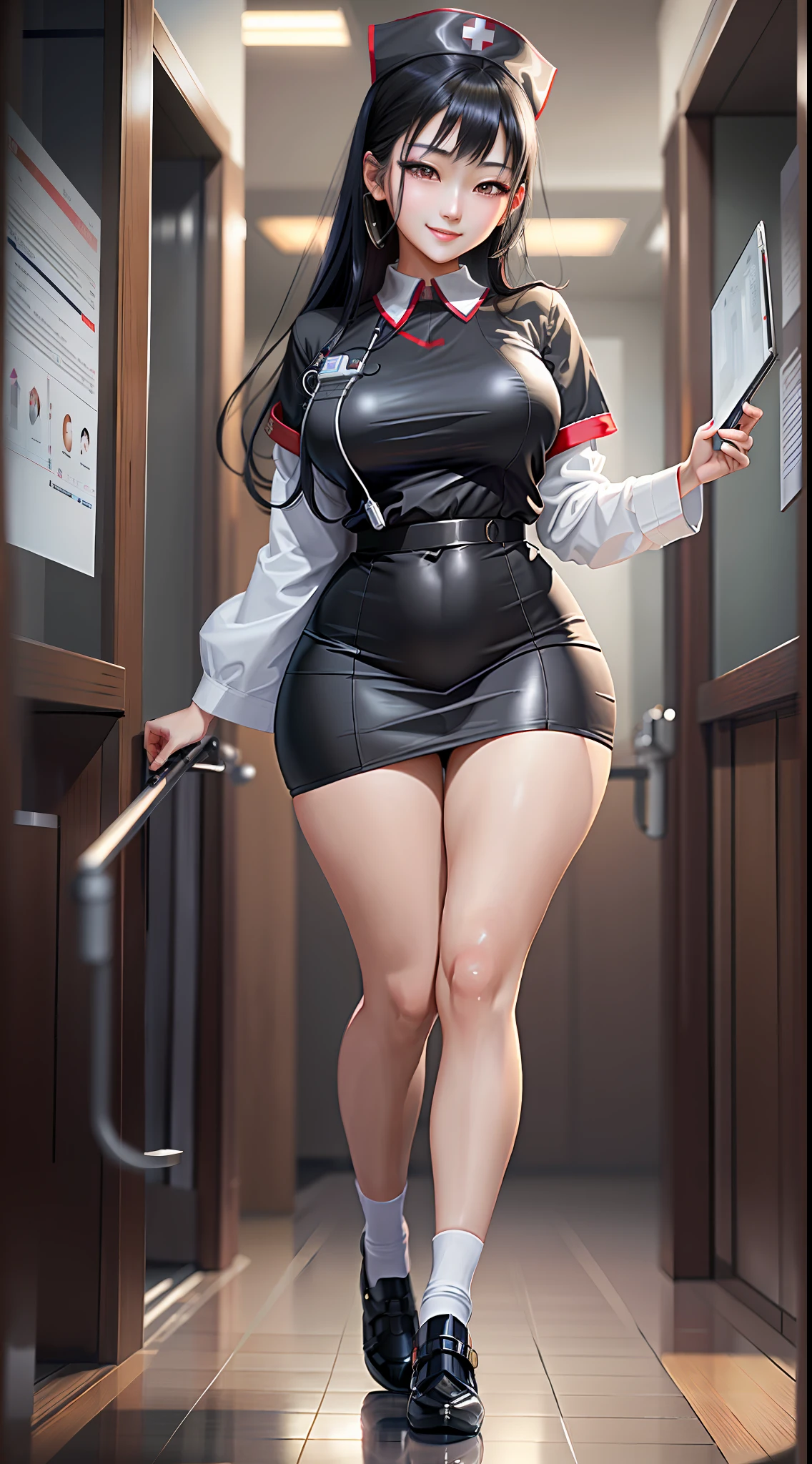 Masterpiece, maximum quality, ultra high resolution, 8k, Japanese girl (extremely beautiful), black hair, full body, very thin, detailed face, detailed eyes, mischievous smile, wide hips, thick thighs, smooth and soft pellet, wearing nurse's uniform, luxury hospital