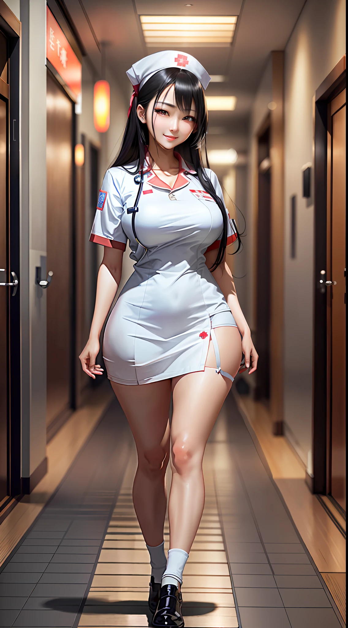 Masterpiece, maximum quality, ultra high resolution, 8k, Japanese girl (extremely beautiful), black hair, full body, very thin, detailed face, detailed eyes, mischievous smile, wide hips, thick thighs, smooth and soft pellet, wearing nurse's uniform, luxury hospital