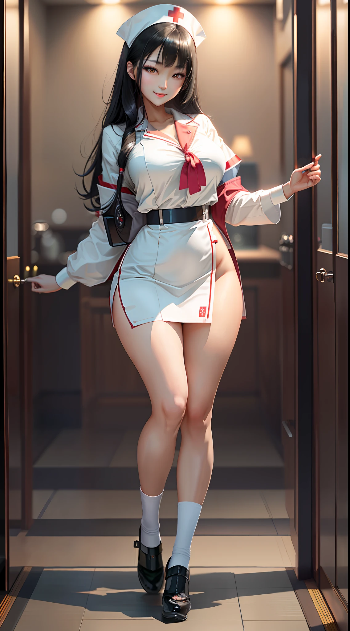 Masterpiece, maximum quality, ultra high resolution, 8k, Japanese girl (extremely beautiful), black hair, full body, very thin, detailed face, detailed eyes, mischievous smile, wide hips, thick thighs, smooth and soft pellet, wearing nurse's uniform, luxury hospital