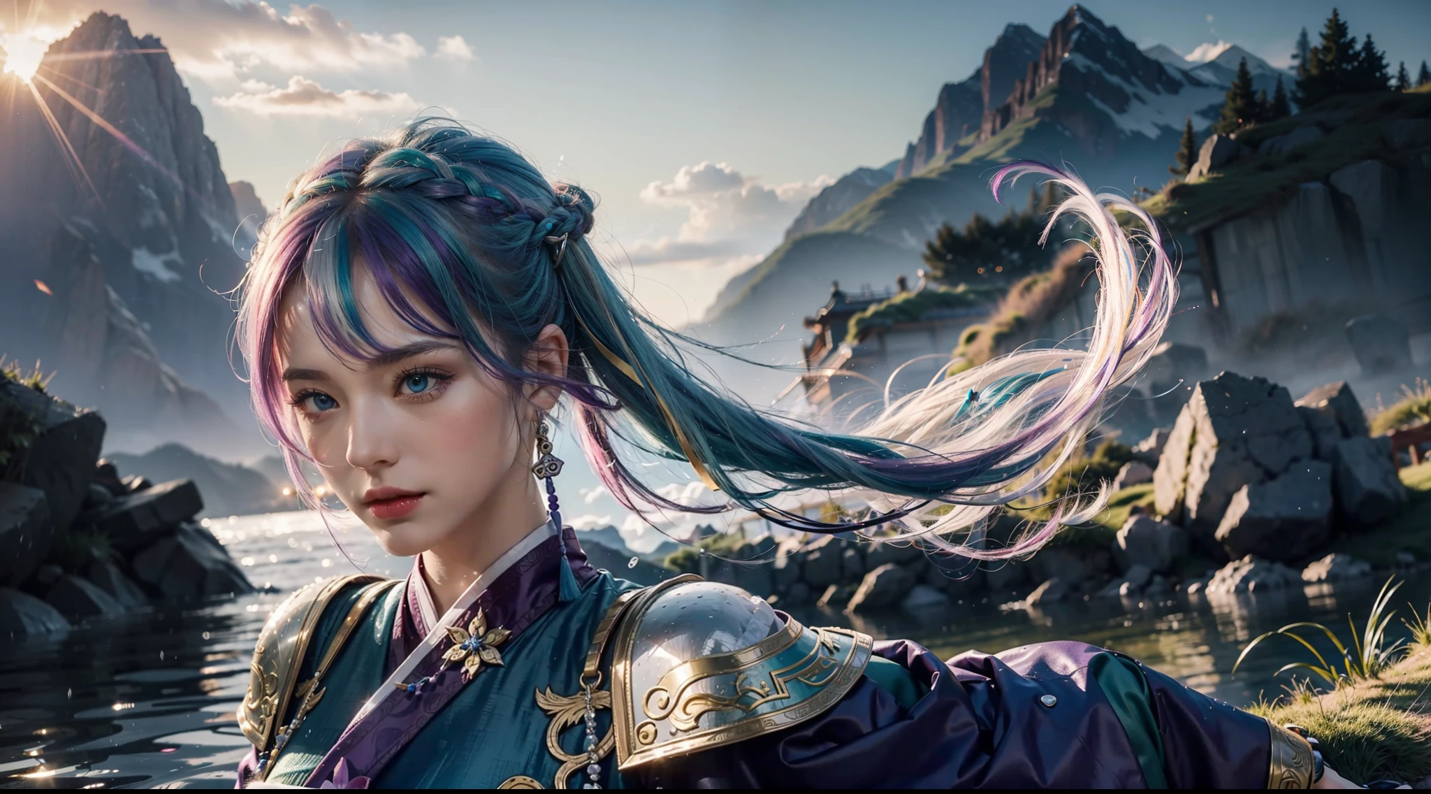 (mastered), top quality, ultra-realistic details, 8k magic CG, perfect illustration, dynamic pose, (1girl), blue eyes, multicolored hair + silver hair:1.3 + red hair:1.2 + purple hair + yellow hair:1.3 + green hair:1.3, wuxia style white clothes, neck ribbon, beautiful face, many drops of water, cloud, twilight, wide plane, watercolor.