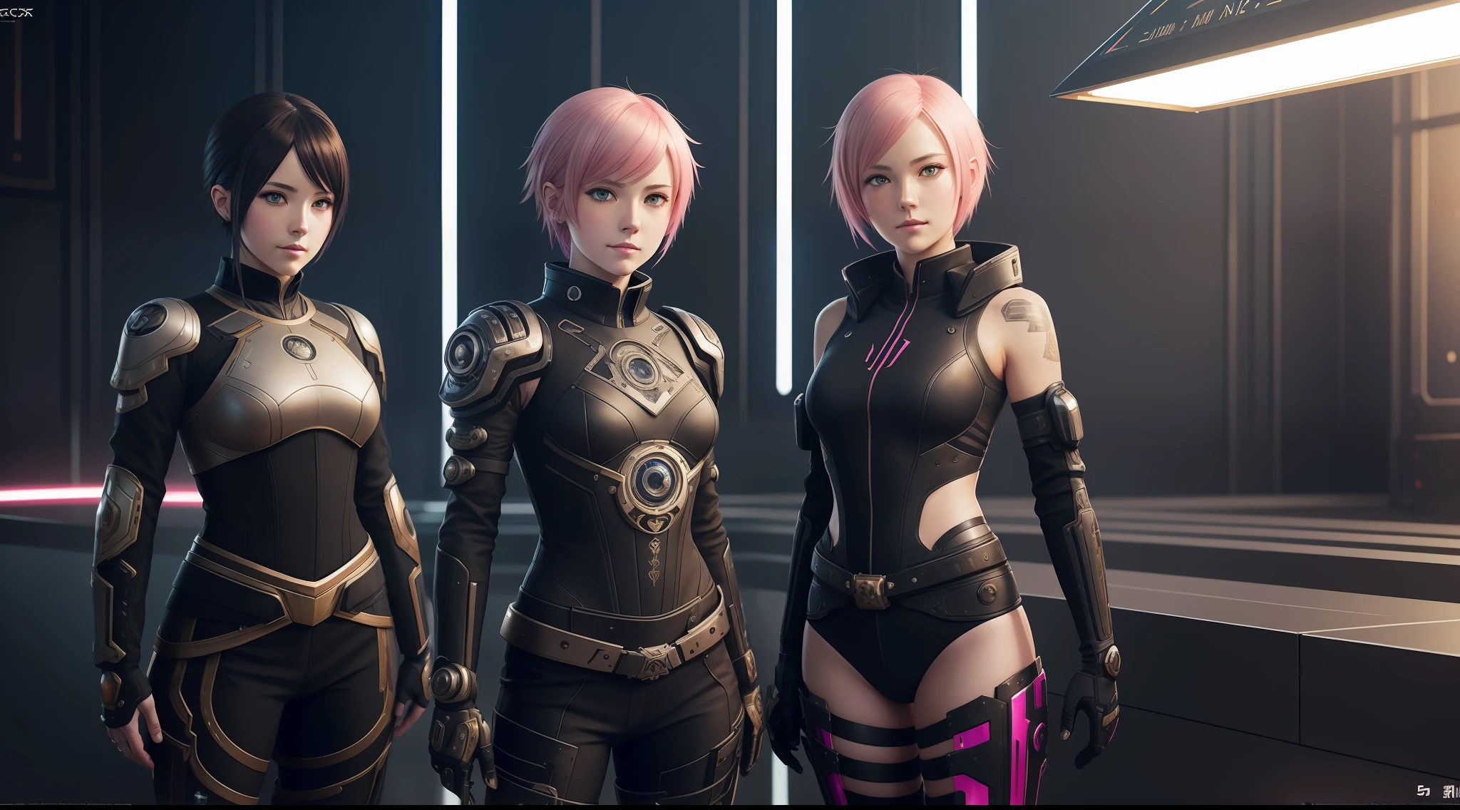 Award-winning photo from the waist up, mech punk outfits with short pink haired girl, tattooed, piercing, black leather, carbon fiber, battle status, hyper detailed, digital art, Cyberpunk style, cyberkinematic lighting, studio quality, smooth rendering, unrealistic rendering of the 5 engine, rendered octane, art style of Klimt and Nixeu and Ian Sprigger and Wlop and Krenz Cushart