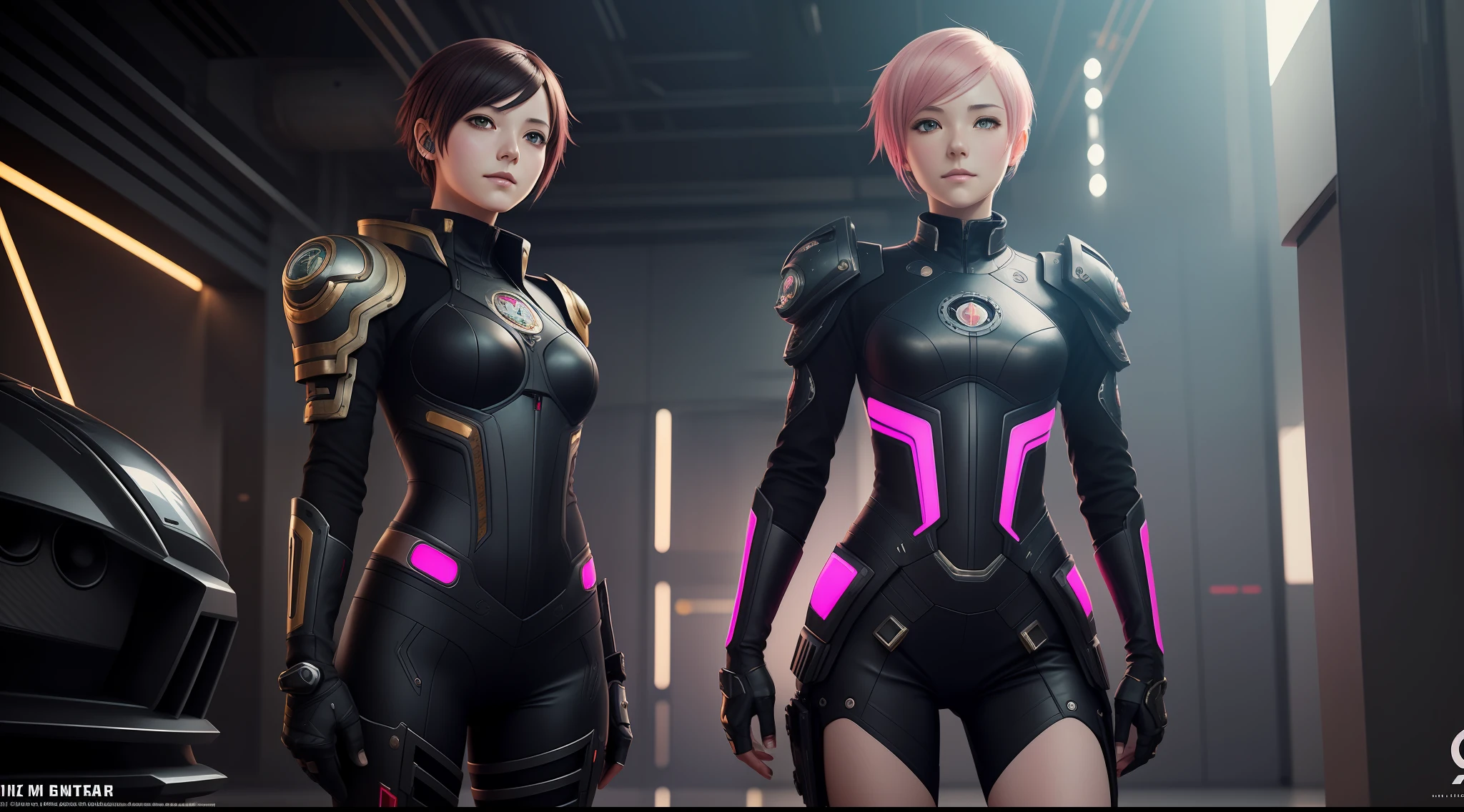 Award-winning photo from the waist up, mech punk outfits with short pink haired girl, tattooed, piercing, black leather, carbon fiber, battle status, hyper detailed, digital art, Cyberpunk style, cyberkinematic lighting, studio quality, smooth rendering, unrealistic rendering of the 5 engine, rendered octane, art style of Klimt and Nixeu and Ian Sprigger and Wlop and Krenz Cushart