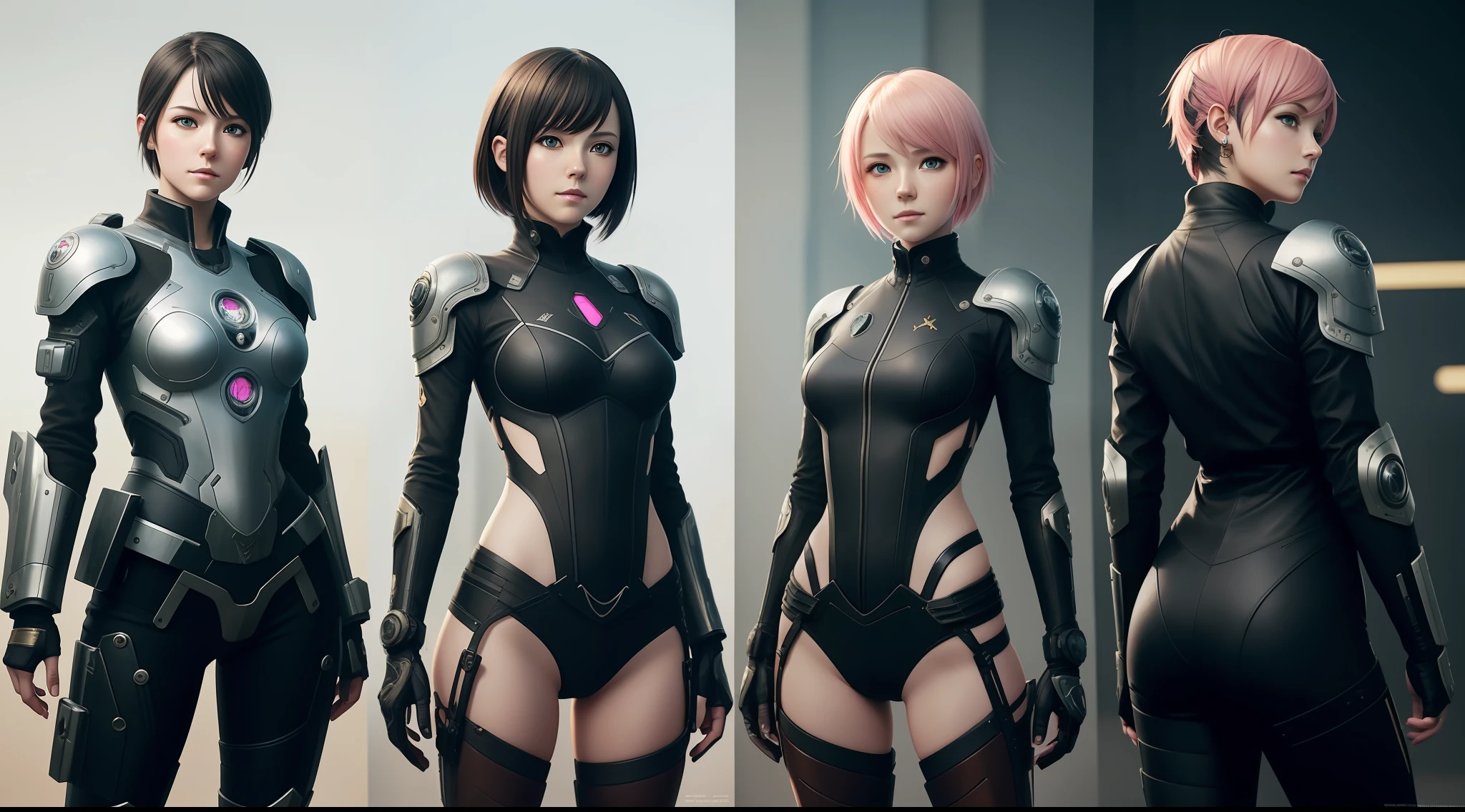 Award-winning photo from the waist up, mech punk outfits with short pink haired girl, tattooed, piercing, black leather, carbon fiber, battle status, hyper detailed, digital art, Cyberpunk style, cyberkinematic lighting, studio quality, smooth rendering, unrealistic rendering of the 5 engine, rendered octane, art style of Klimt and Nixeu and Ian Sprigger and Wlop and Krenz Cushart