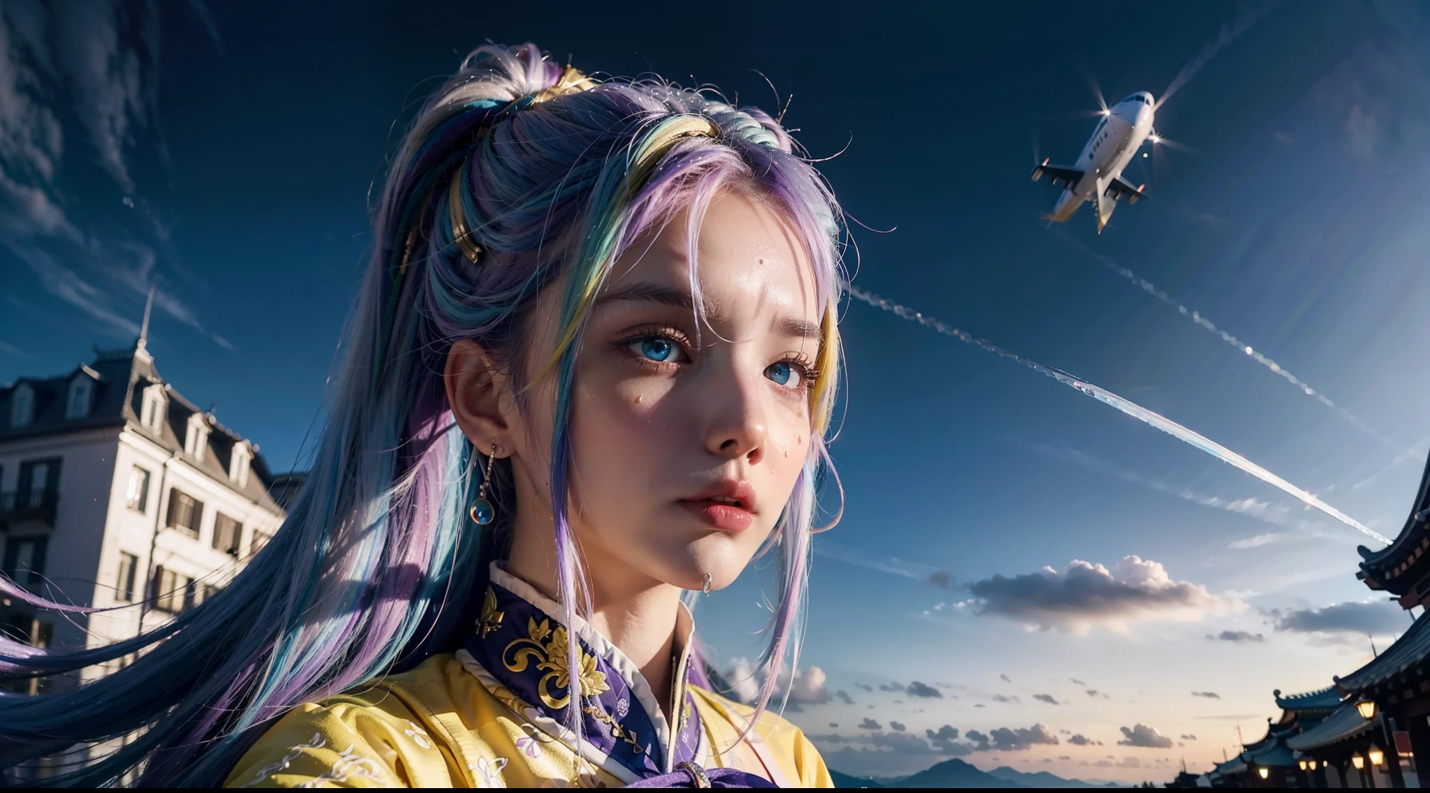 (mastered), top quality, ultra-realistic details, 8k magic CG, perfect illustration, dynamic pose, (1girl), blue eyes, multicolored hair + silver hair:1.3 + red hair:1.2 + purple hair + yellow hair:1.3 + green hair:1.3, wuxia style white clothes, neck ribbon, beautiful face, many drops of water, cloud, twilight, wide plane, watercolor.