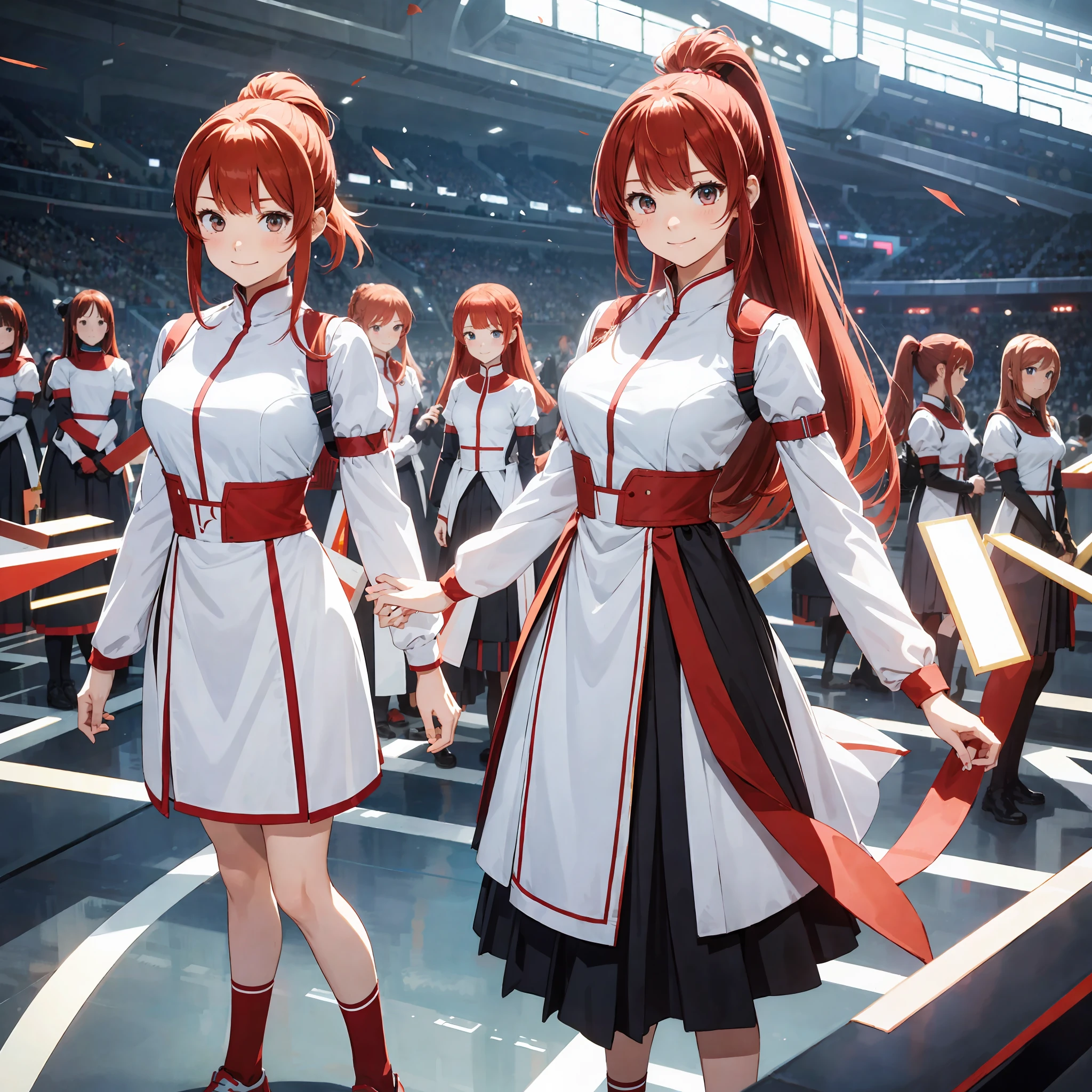 perfect anime illustration, multiple girls, thousands of girls, millions of girls, clones, identical sisters, red hair, ponytail, matching hairstyle, hazel eyes, smiling, white skin, matching outfits, highres, full body, bare legs, neat rows of sisters, neat columns of sisters, sisters standing in formation, sisters in background