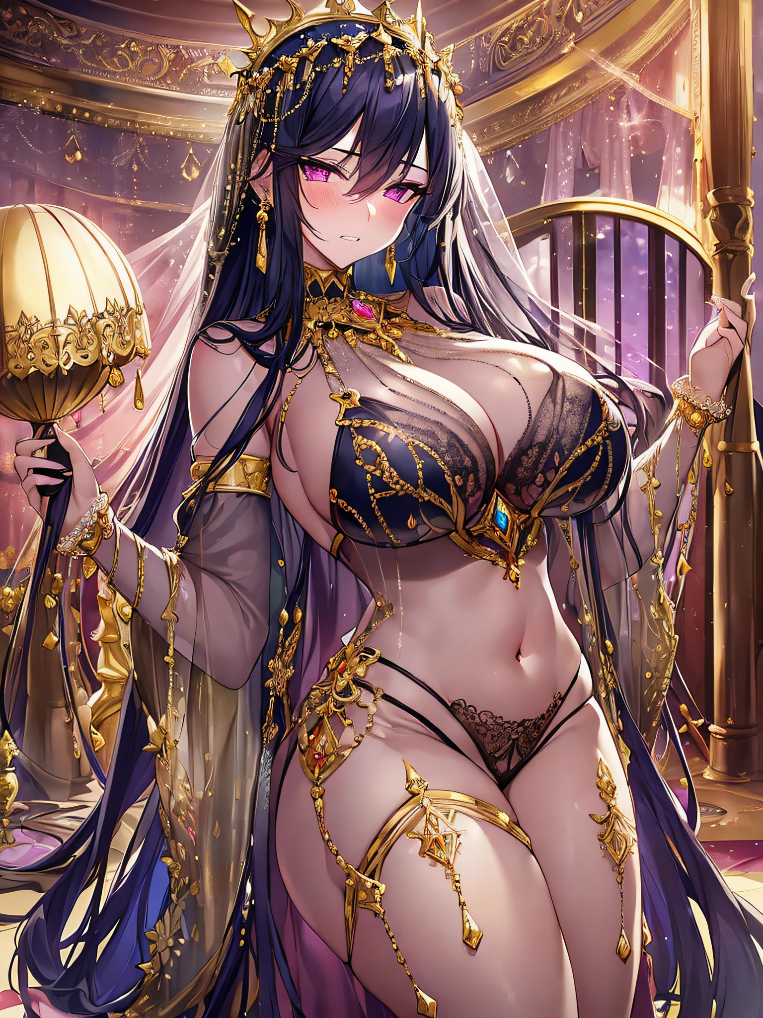 ((vulgarity)),((anime moe artstyle)),((Masterpiece)), (Best Quality), (Super Detail), Illustration, (((Very Delicate and Beautiful))),Dynamic Angle,Looking at viewer,((((Solo)))),(((Full body))),(((1 arrogant empress standing in the royal bedroom))),(((nude))),((((gigantic breasts)))),cleavage,(((skindentation))),((((jeweled See-through sexy bra with gorgeous embroidery)))),erect nipple,(((jeweled gorgeous embroidery See-through panties))),See-through,(gold trim),(arrogant),((clenched teeth)),(((blush))),(Purple eyes),Sharp eyes,Detailed Face, Long Eyelashes,Jet Black Hair,Straight Hair,((Very Long Hair)),((Bangs between eyes)),((curvy)),navel piacing, waist jeweled brooch,jeweled thigh strap, jeweled arm ring, anklet, jeweled armlet,long gloves,Beautifully Gorgeous jeweled big tiara,Beautifully Gorgeous gem earrings,Beautifully Gorgeous jeweled necklace,Beautifully Gorgeous jeweled ornaments,indoor,light particles,royal bedroom,