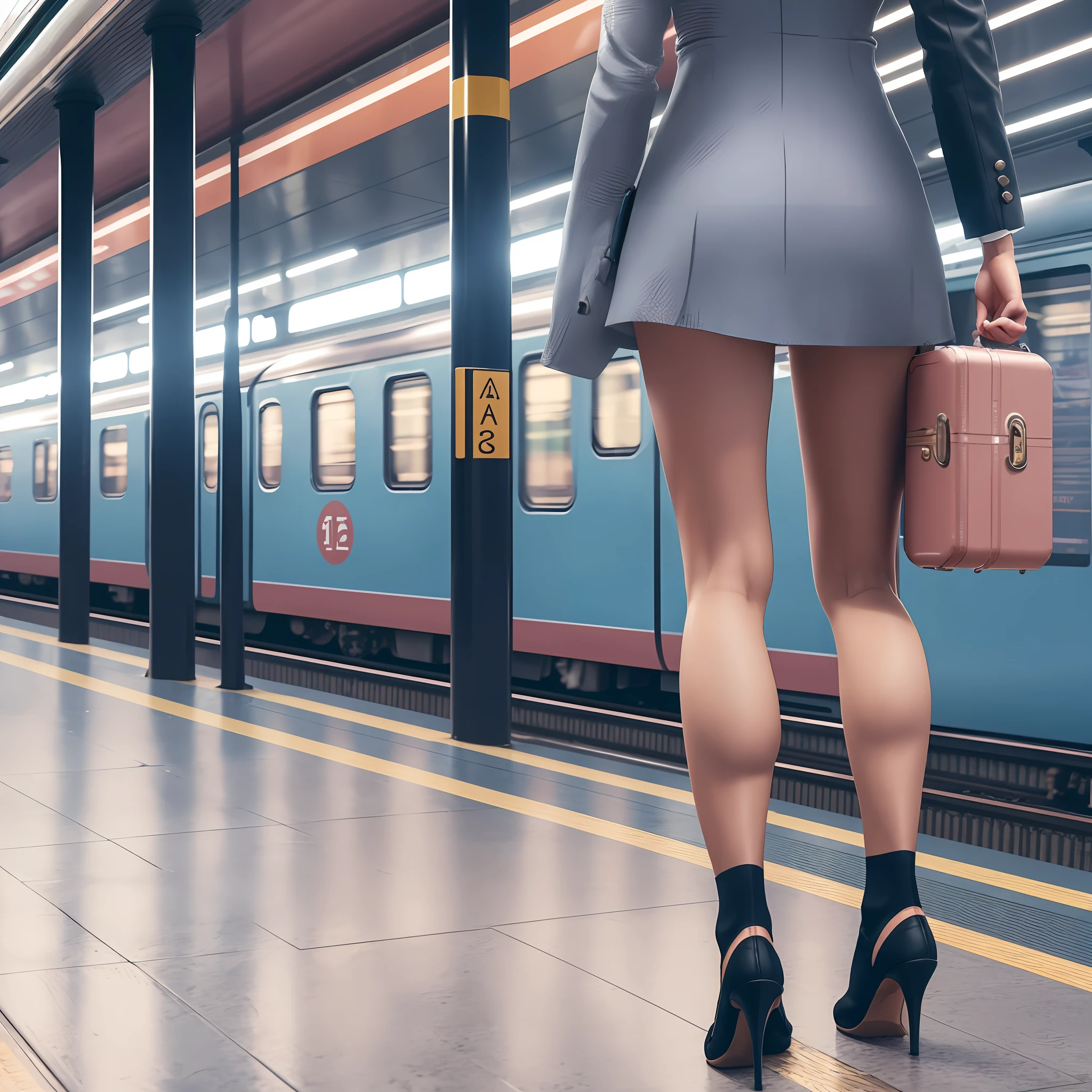 one woman walking on the platform of a train station carrying a suitcase, elegant legs towering over you, beautiful legs, smooth legs, legs, close-up on legs, train station, slender legs, beautiful legs, detailed legs towering above you, she is a lady, photorealism, 8K --auto --s2