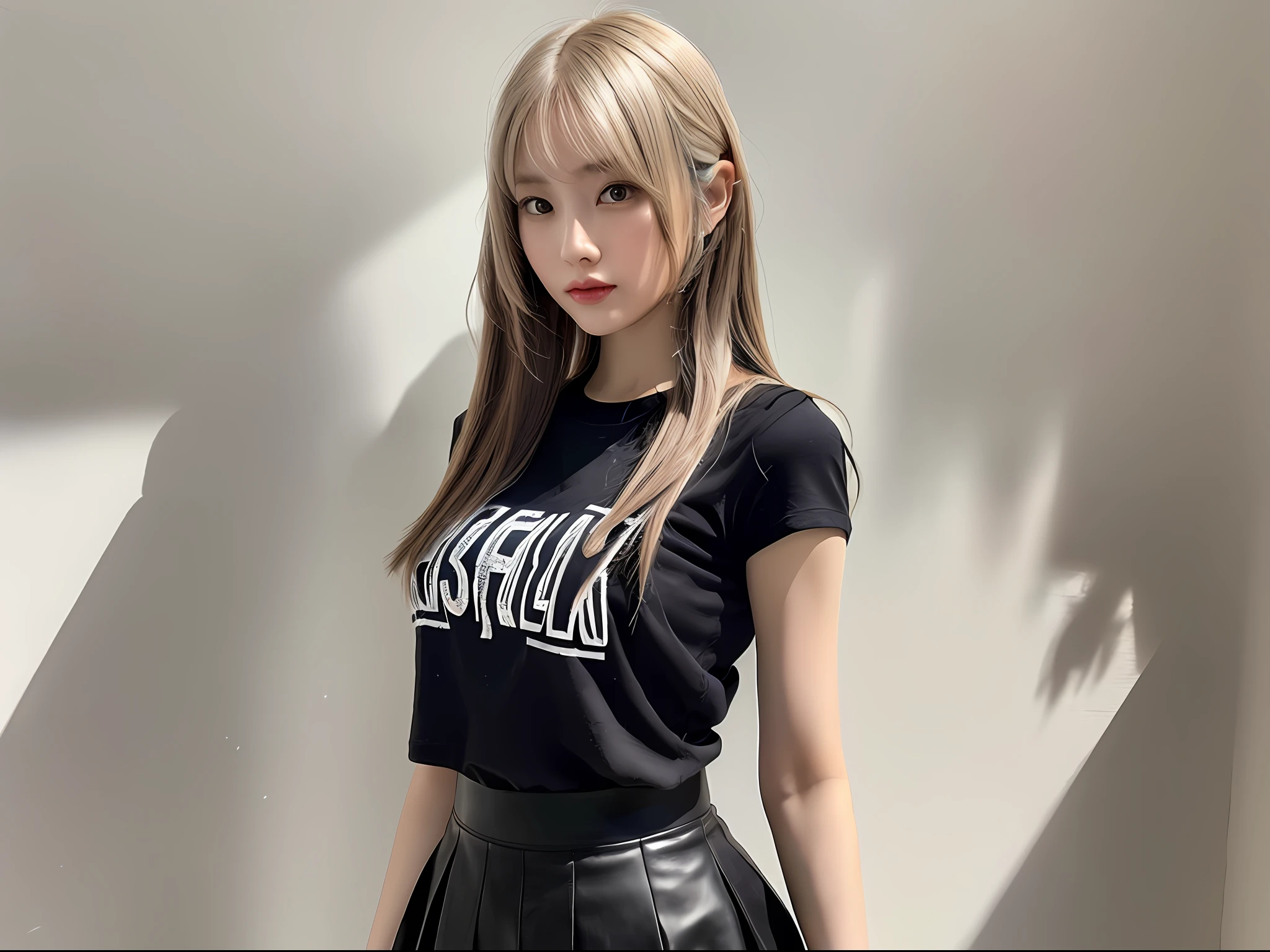 (8k, highest quality, masterpiece: 1.2), (hair_style), (realistic, photorealistic: 1.37), plump eyes, highest quality, masterpiece, ((standing in front of a white wall)), gradient lighting, Japan models, [small breasts], professional lighting, shooting the whole body from a distance with the subject close to the edge, angle from behind, shot in a room with light, 2023 Japan trend fashion style, realistic, super detailed, 30s, cute, actress, elaborate CG, slender, hairstyle is straight straight hair, delicate skin type, (emphasis on the luster of hair from behind), hands placed at the mouth, short length T-shirt, whitish skirt, black heart logo on chest