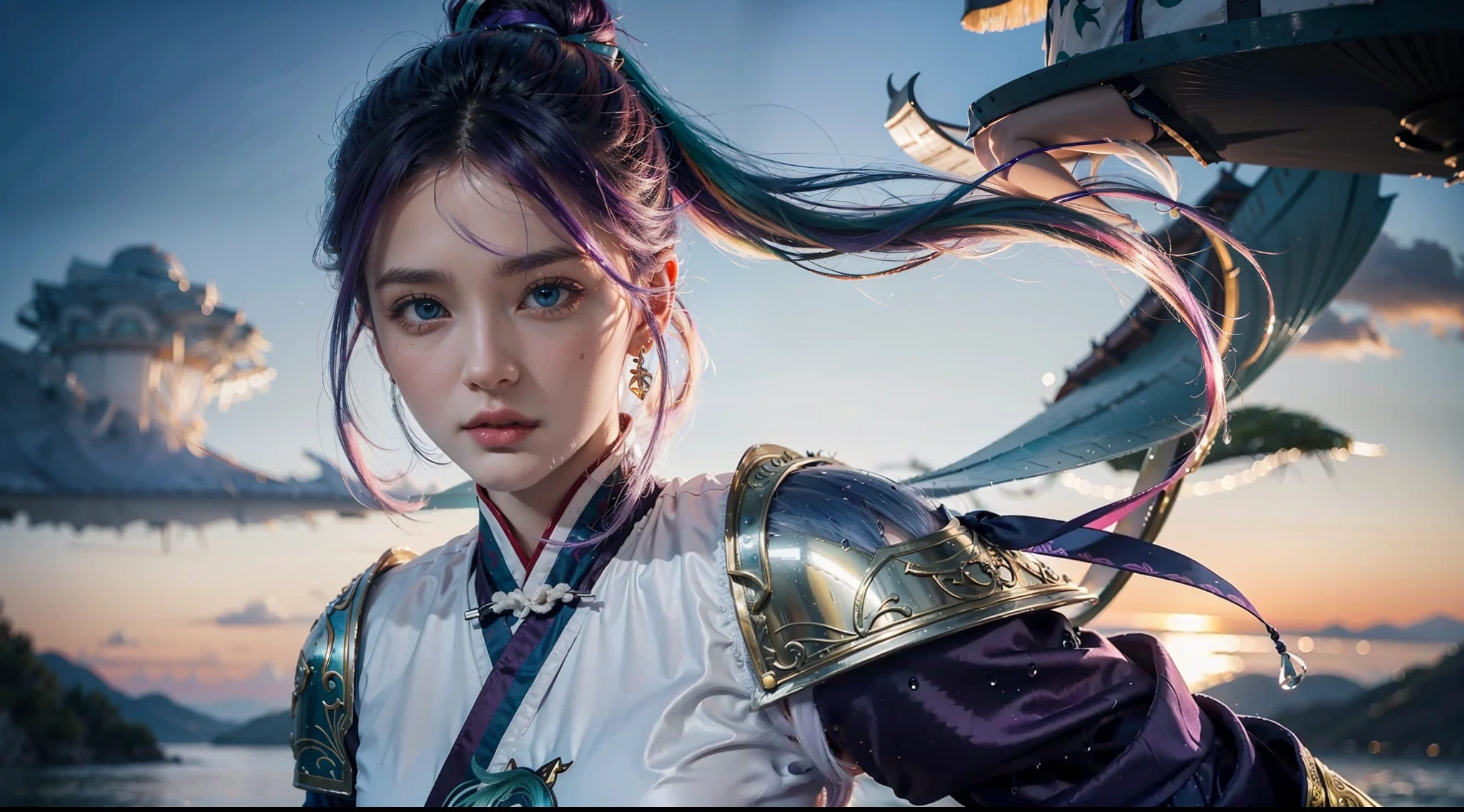 (mastered), top quality, ultra-realistic details, 8k magic CG, perfect illustration, dynamic pose, (1girl), blue eyes, multicolored hair + silver hair:1.3 + red hair:1.2 + purple hair + yellow hair:1.3 + green hair:1.3, wuxia style white clothes, neck ribbon, beautiful face, many drops of water, cloud, twilight, wide plane, watercolor.