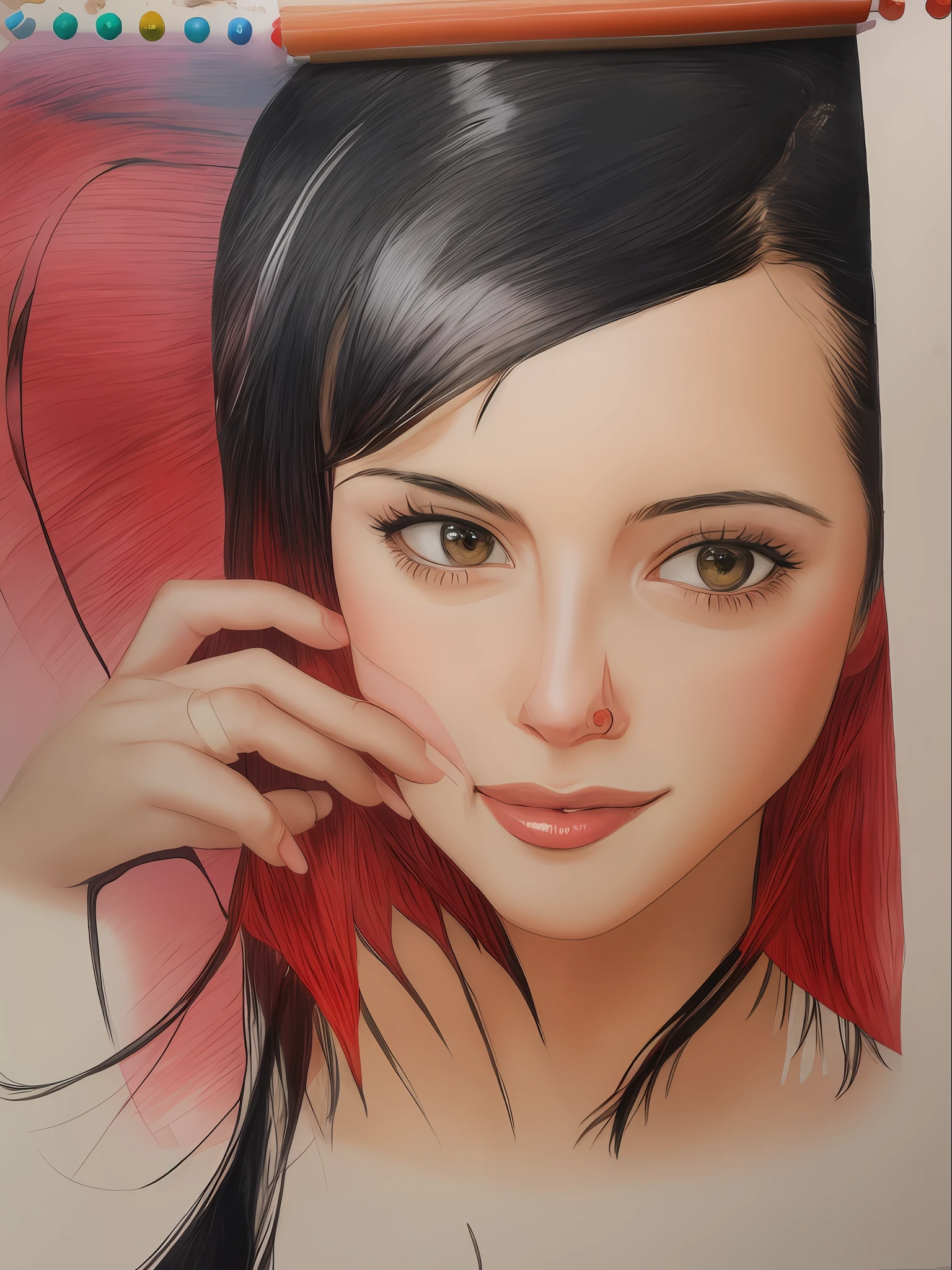 Drawing of a woman with a nose piercing, closeup potrait, colorful drawing, traditional art, a sketch of colored pencils, girl with black hair, colored drawing, sketch of colored pencils, potrait of a female face, potrait, beautiful painting, portrait of girl, detailed face, by Yasutomo Oka, simple drawing.