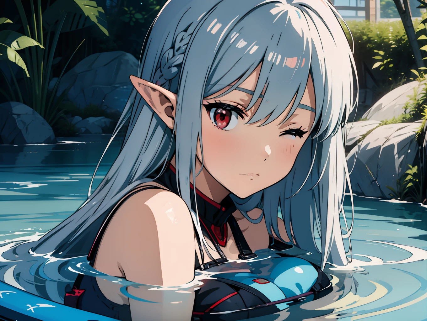 Close up portrait of one girl, swimsuit, bikini, sleeping, one eye closed, elf, silver hair, red eyes, wave long, concept art, official art, beautiful anime scene, beautiful anime landscape, anime landscape