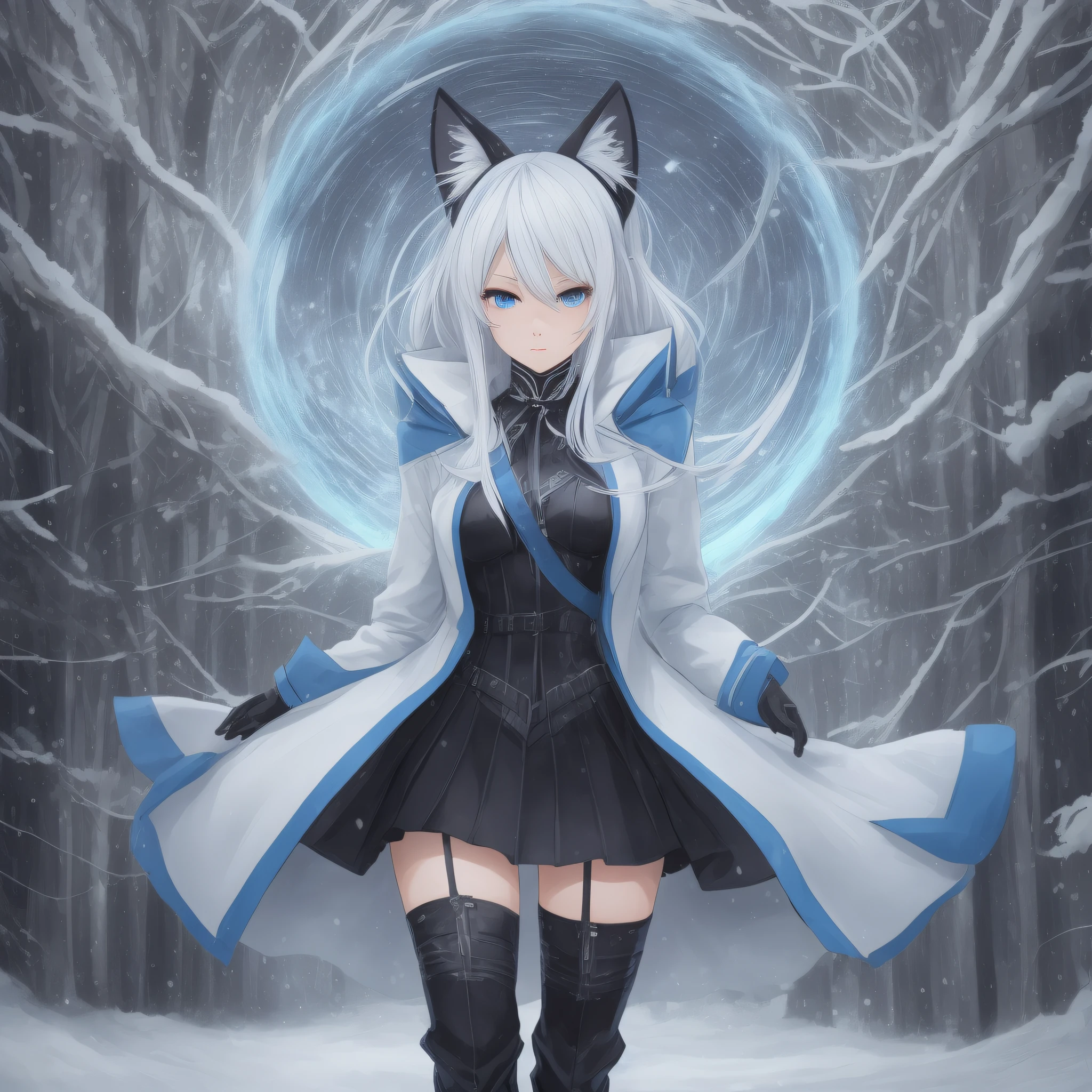 Smooth anime style, an amazingly beautiful woman with white hair light blue inside, blue eyes, wolf ears, white dress, black and blue jacket, full body shooting, wearing a pair of snow boots, black stockings, bilateral symmetry --auto --s2