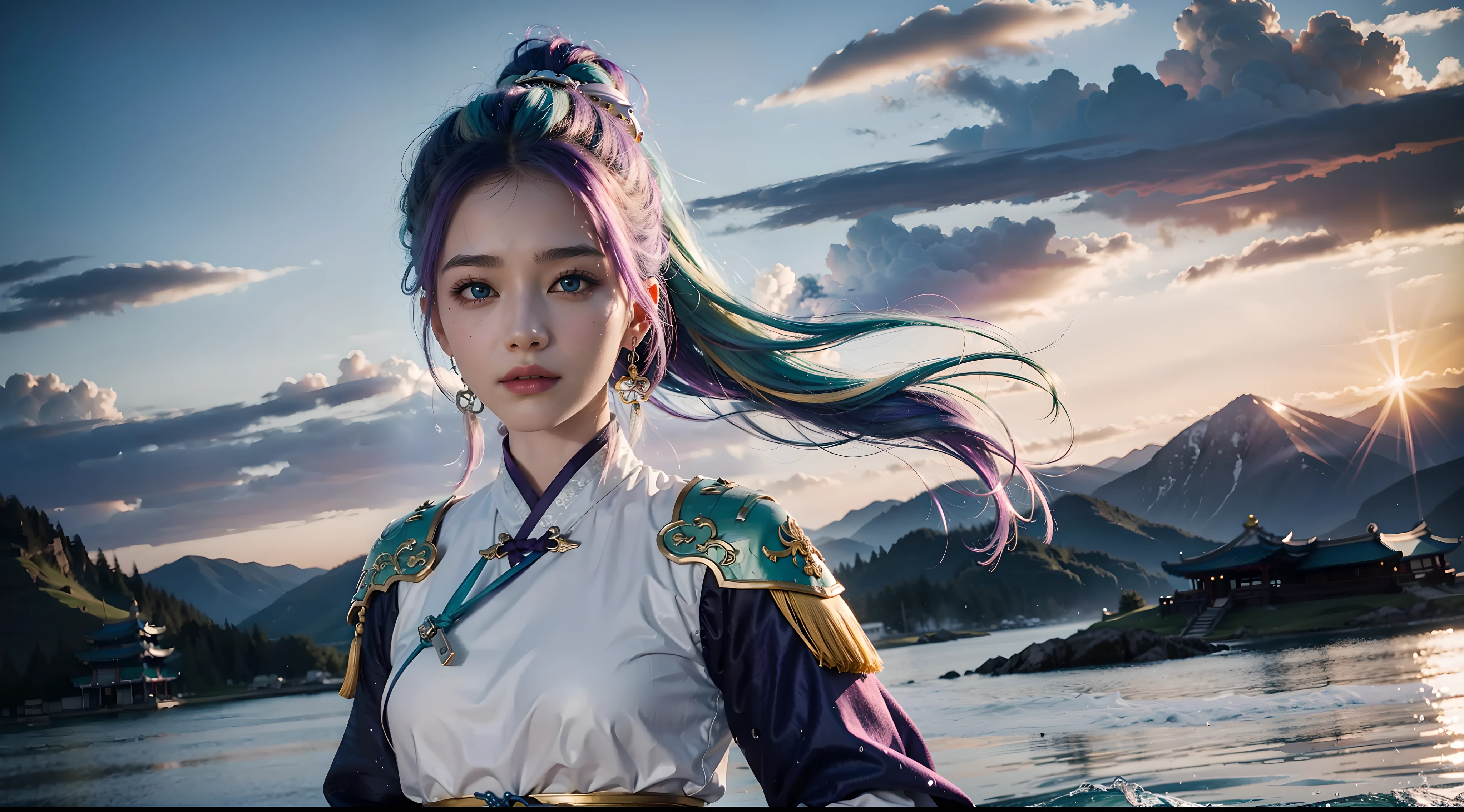 (mastered), top quality, ultra-realistic details, 8k magic CG, perfect illustration, dynamic pose, (1girl), blue eyes, multicolored hair + silver hair:1.3 + red hair:1.2 + purple hair + yellow hair:1.3 + green hair:1.3, wuxia style white clothes, neck ribbon, beautiful face, many drops of water, cloud, twilight, wide plane, watercolor.