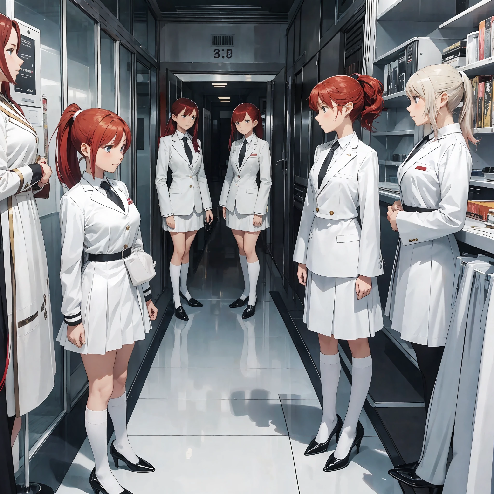 perfect anime illustration, multiple girls, thousands of girls, millions of girls, clones, identical sisters, red hair, ponytail, matching hairstyle, hazel eyes, smiling, white skin, matching outfits, black blazers, white skirts, neckties, businesswomen, white thigh highs, high heels, office, highres, full body, neat rows of sisters, neat columns of sisters, sisters standing in formation, sisters in background