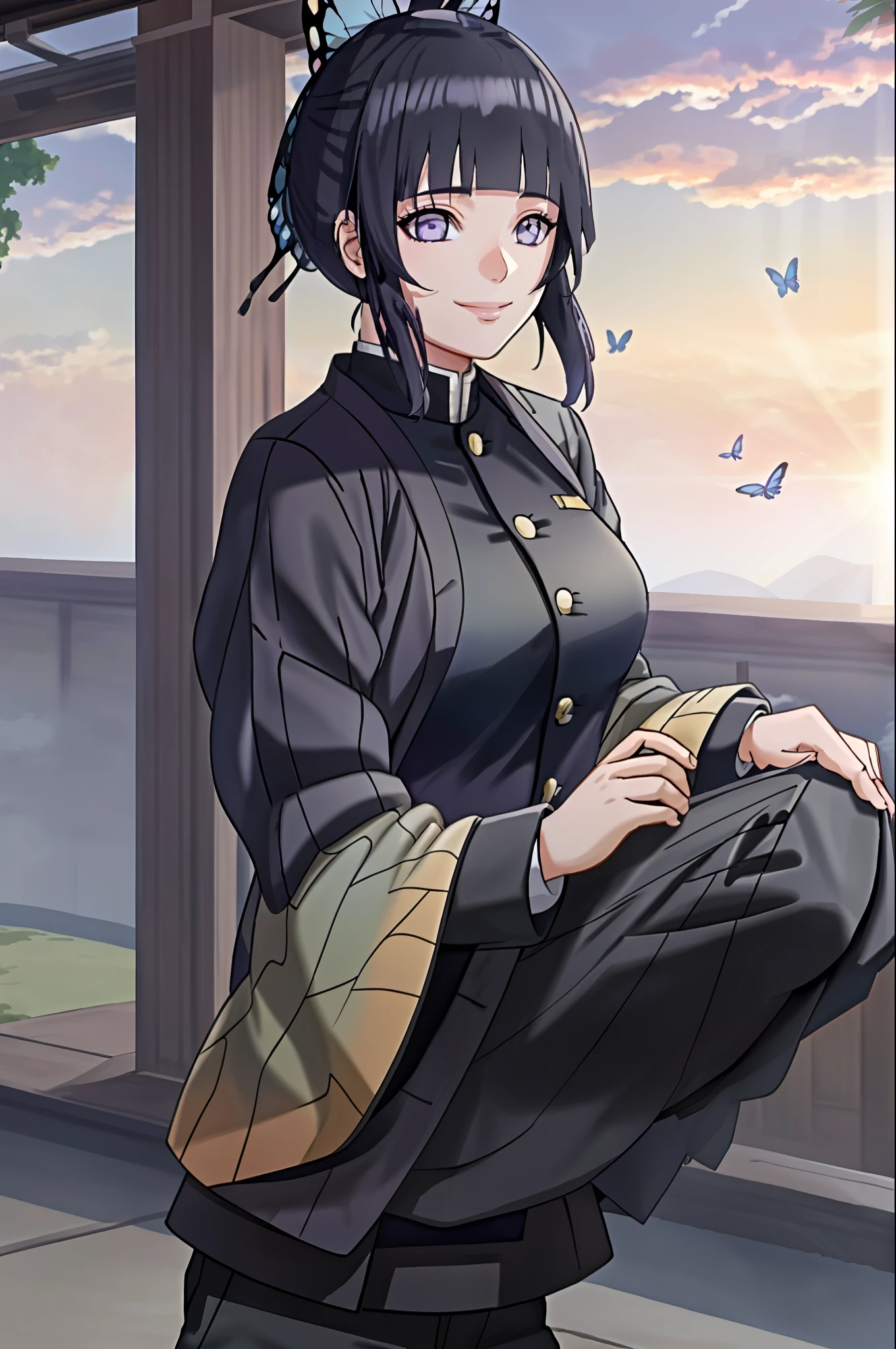 1girl, blunt bangs, dark blue hair, black jacket, black pants, large breasts,  butterfly hair ornament, hair ornament,jacket,((haori)),japanese clothes,(kochou shinobu), long sleeves, pants, blunt bangs, purple eyes, dark blue hair, long hair, smile, solo, uniform, outdoors,leaning on railing, lens flare,sunset,sunbeams, hinata/(boruto/)