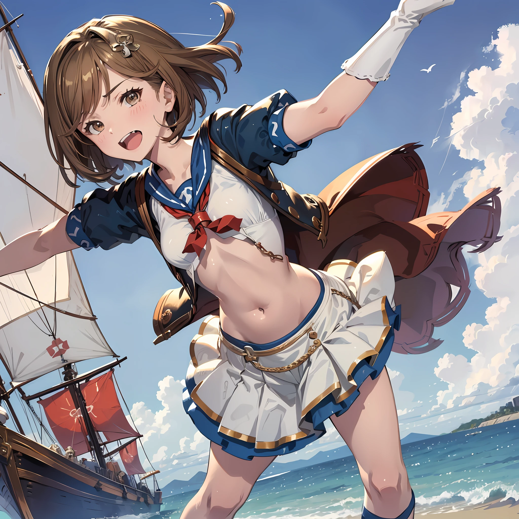 1young_teen_ girl,brown_hair、medium_bob_hair,blue_midriff_baring_sailor_uniform,mini_skirt,short_sleeve,thigh,huge_,angry,smile,open_mouth,standing,harbor_background, slightly_spread_legs, Happiness, NSFW, short_gloves ,solo